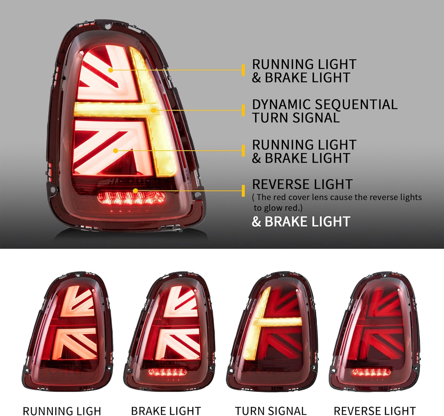 VLAND LED Union Jack Red Tail Lights Compatible For [ 2007-2013 BMW Mini Cooper R56 R57 R58 R59 ] W/Sequential Turn Signal, Rear Lamp Assembly, No Not For F Series & Cooper Clubman