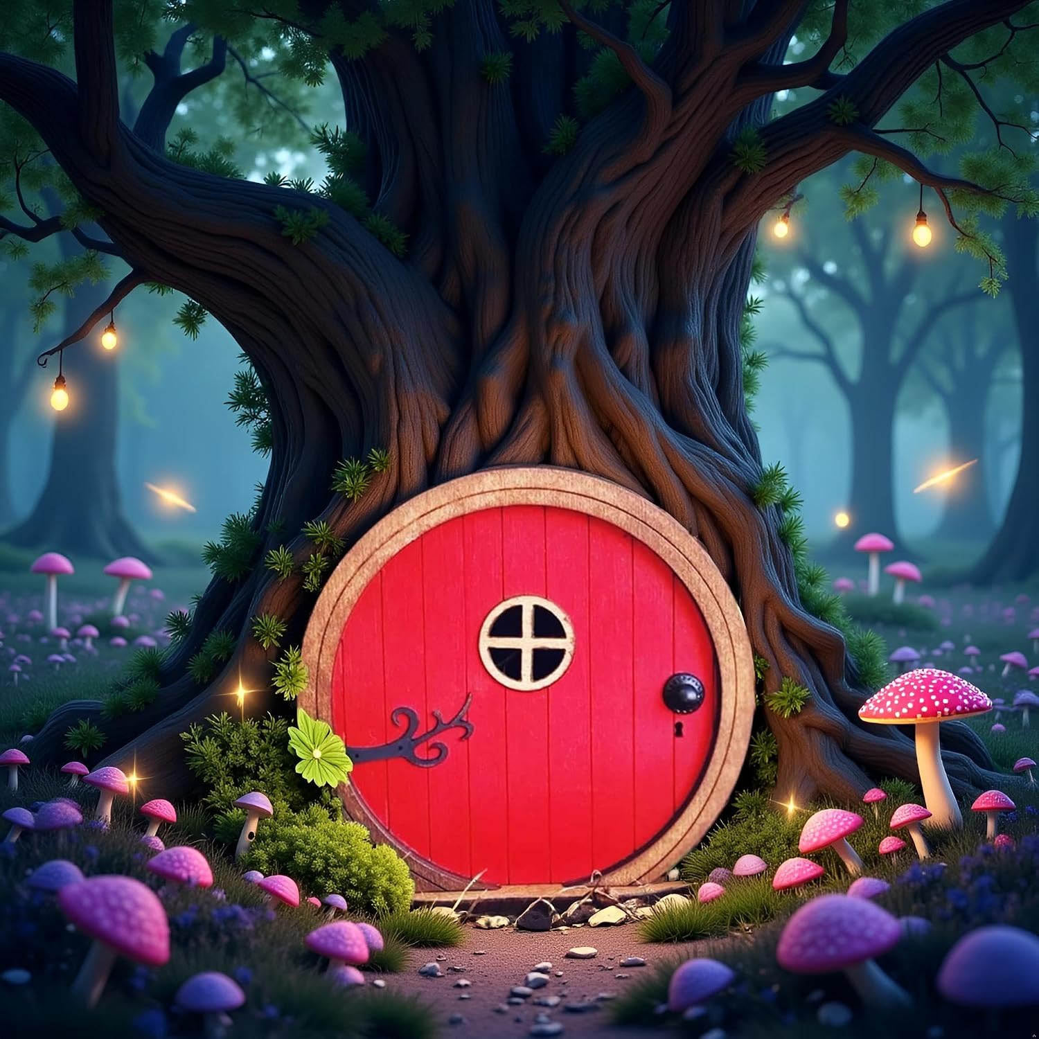 Red Fairy Garden Door for Tree, Fairy Doors for Trees Outdoor & Tree Trunk, Mini Fairy Garden Sculpture Lawn Ornament Decor, Fairytales Door Decoration, Fairytale Tiny House Doors Mini Gift