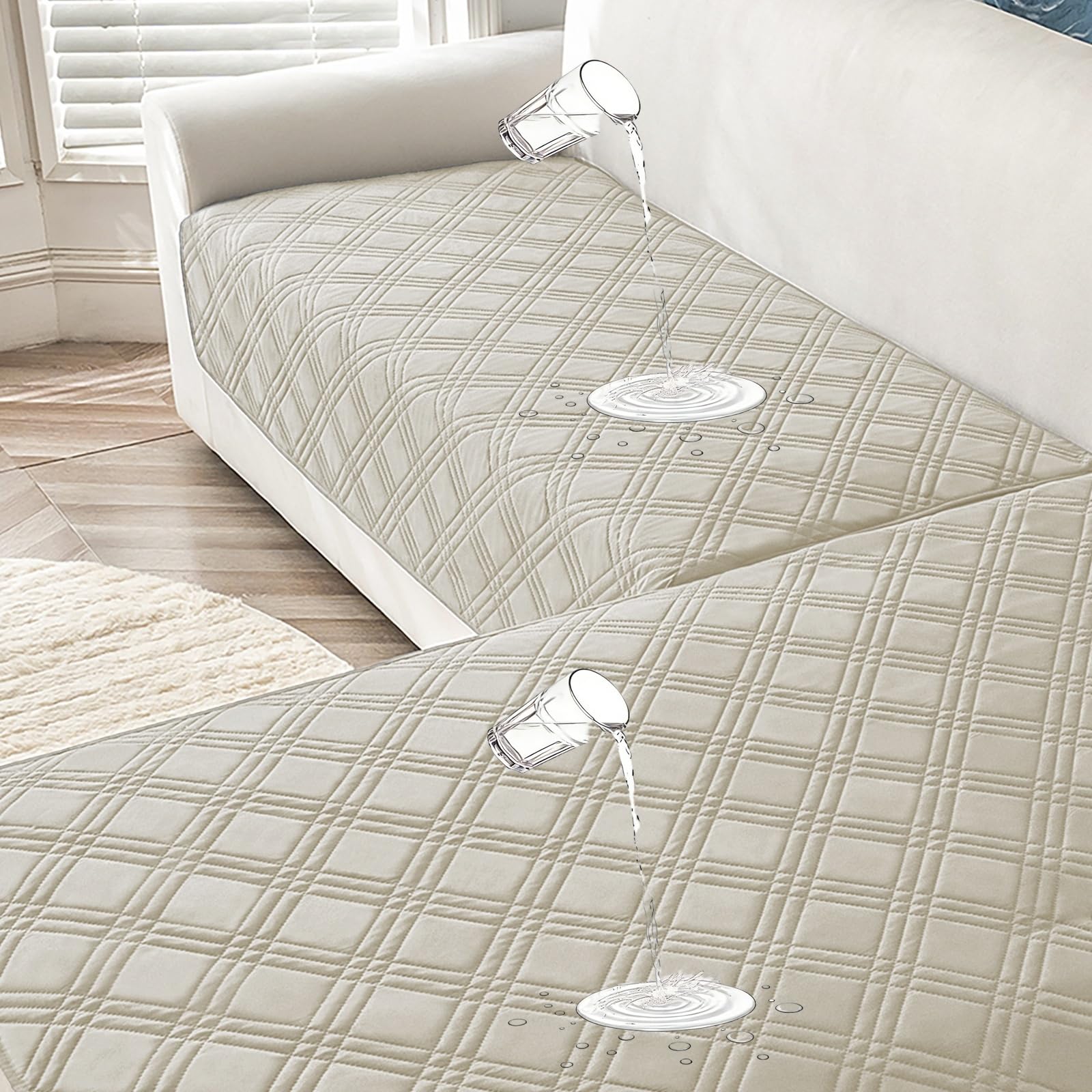 2 Piezas Funda de Sofá Impermeable 2 3 Plazas Funda de Sofá Chaise Longue para Ccama de Perro Manta para Mascotas Cubre Sofa Protector Antideslizante(Beige)