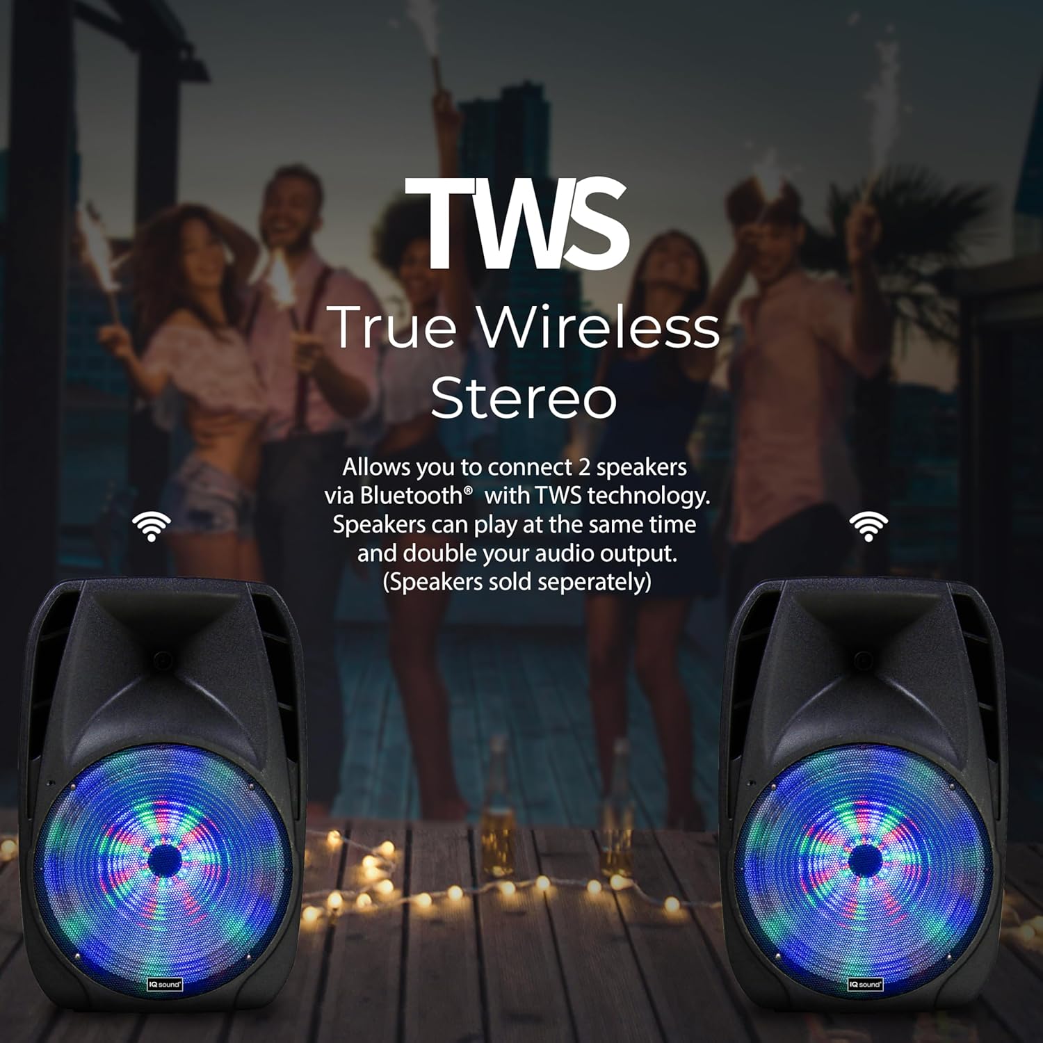 IQ Sound IQ-4415DJBT 15-inch Professional Bluetooth Speaker with Tripod Stand, 900 Watts, Moonlight Glow, USB/Micro SD/Mic Input, FM Radio, AC/DC Power, Handle, Wheels and Rechargeable Battery