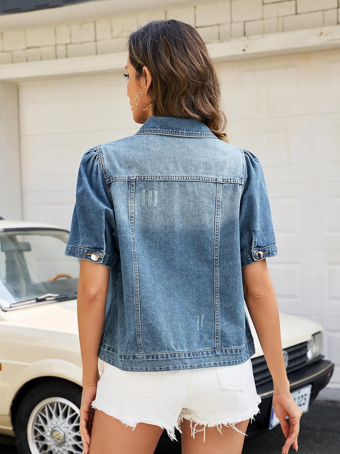 D-Sun Women's Summer Cropped Denim Jacket Short Puff Sleeve Distressed Trucker Jacket Ripped Button Down Jean Coat