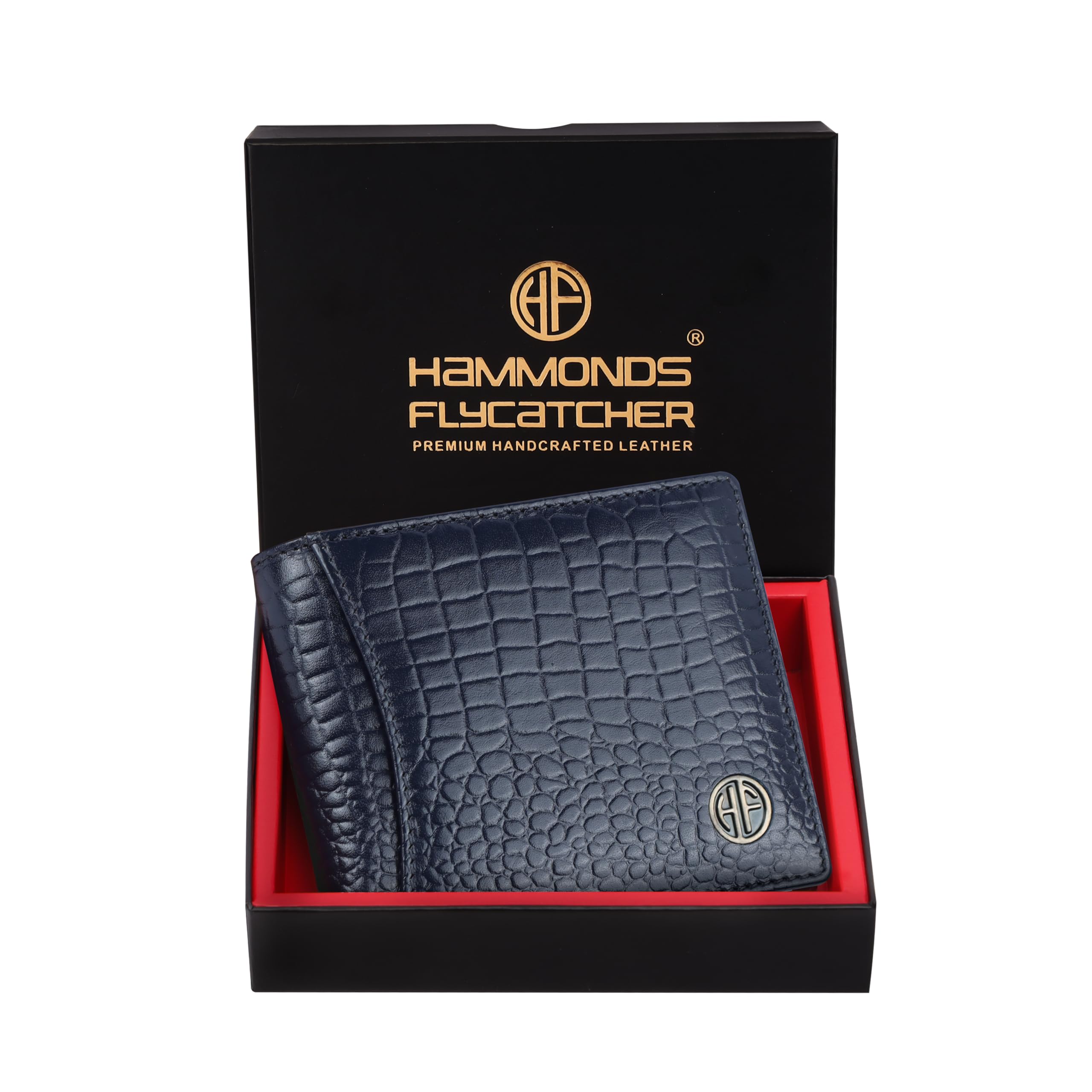 HAMMONDS FLYCATCHER Men Genuine Leather Wallet, RFID Protected Bi-Fold Wallet, 6 Card Slots, 3 ID Slots, Coin Pocket, Hidden Pockets - Croc Blue