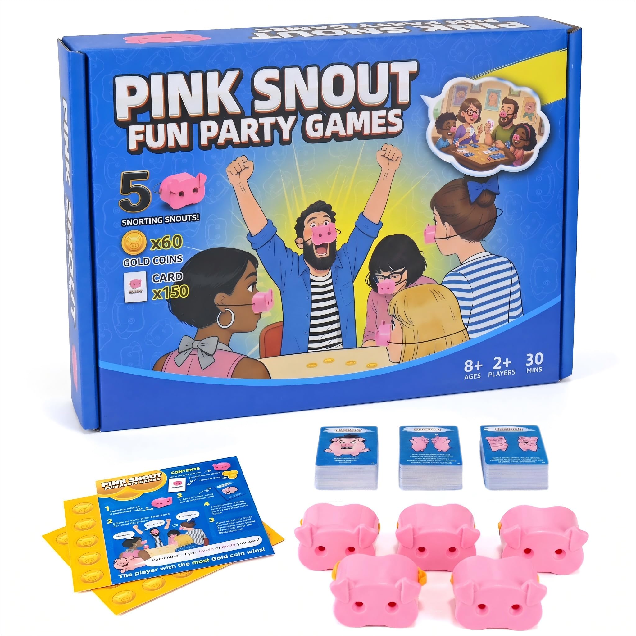 Kyosion PINK SNOUT Don't Snort Party Game – 150 Cards, 5 Noses, 60 Coins