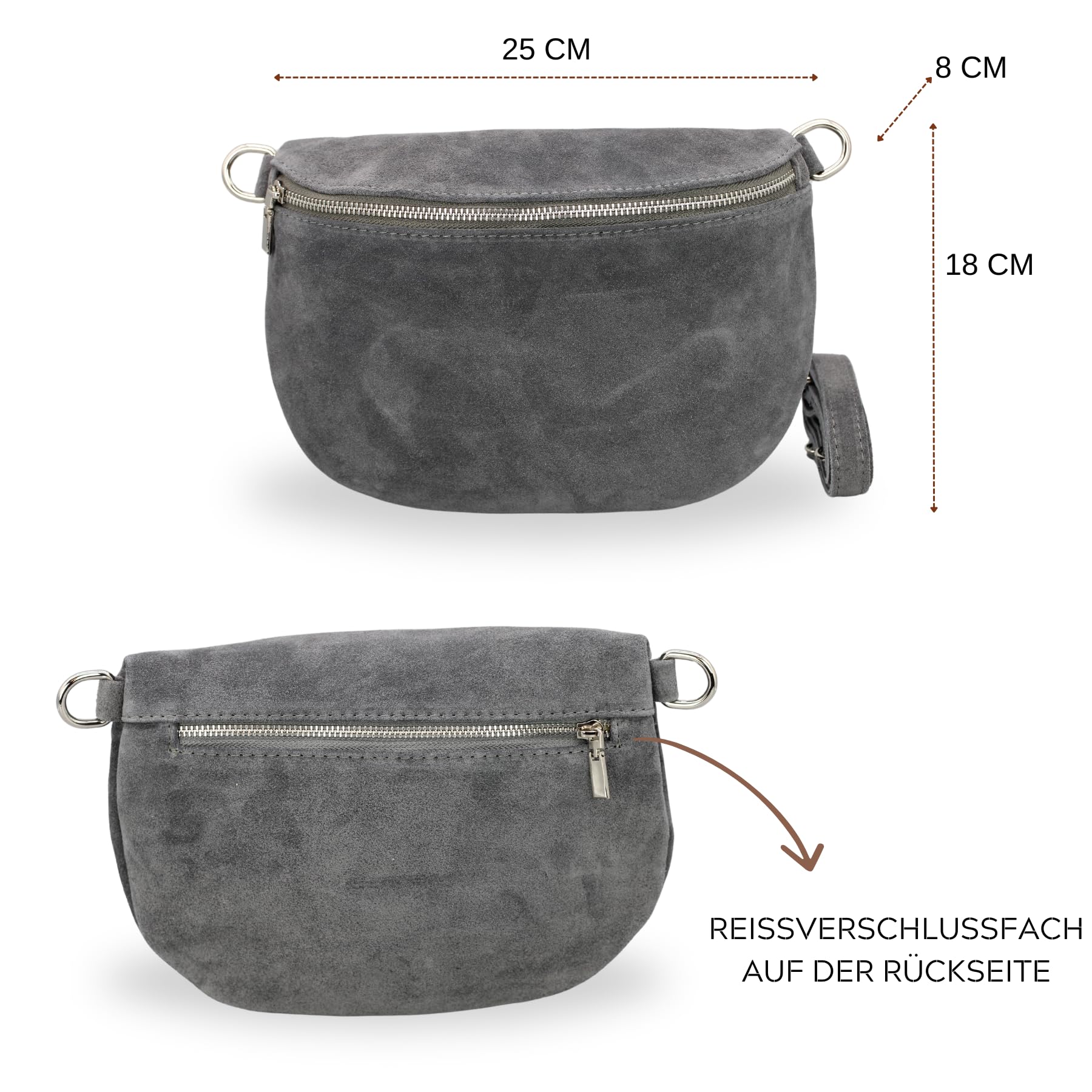 Brise Art AFIA Suede Bauchtasche Wildleder Handgefertigt Crossbody Bag | Damen Umhängetasche, Echtes Wildleder, Schultertasche mit Ledergurt & wahlweise gemustertem Riemen, 3 Fächer, Made in Italy