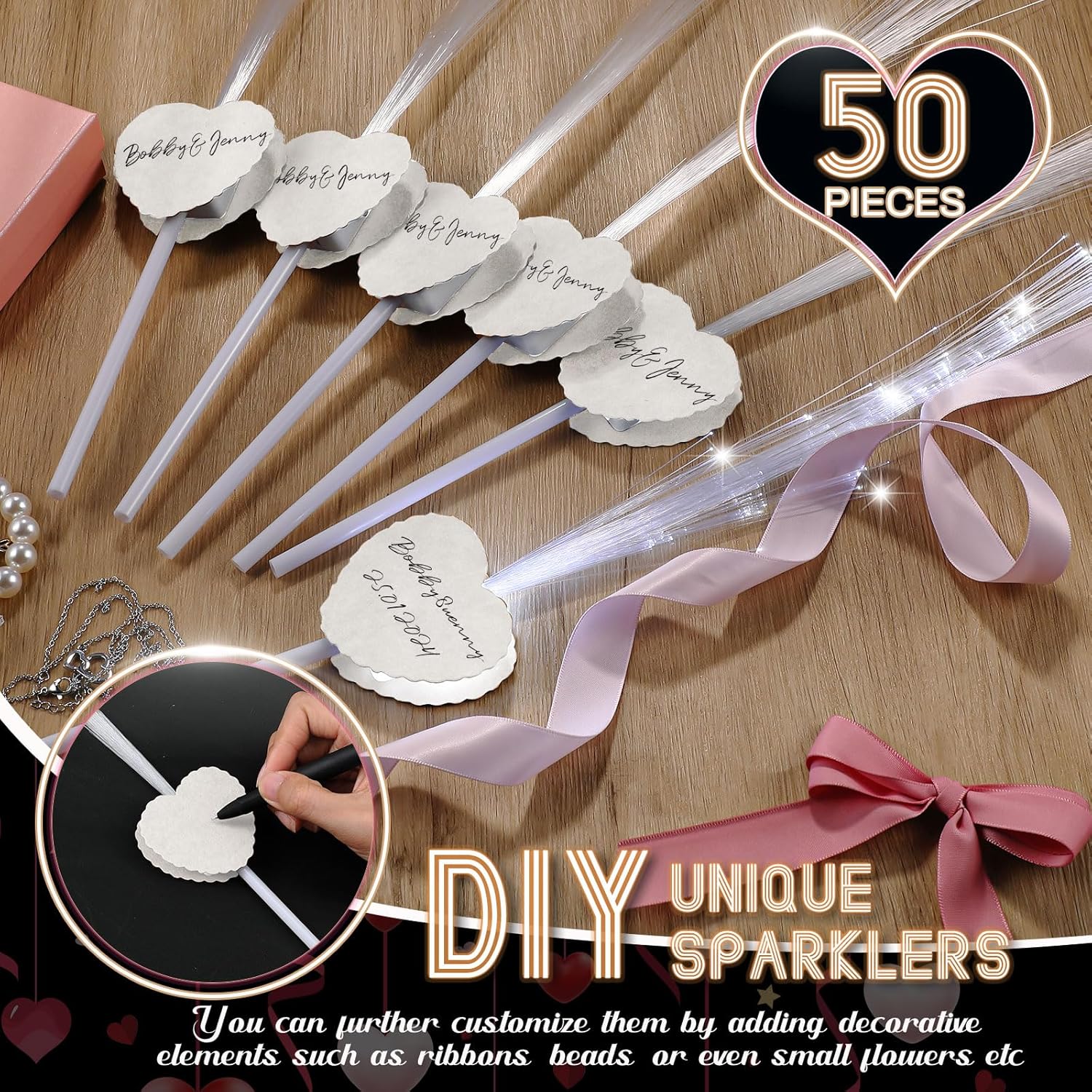 50 Pcs LED Wedding Sparklers Glow Sticks Heart Shape Long Fiber Optic Wands with 3 Light Modes for Send Off Reception Valentine Proposal Carnival Birthday Party Supplies Dance Floor Prop (White)