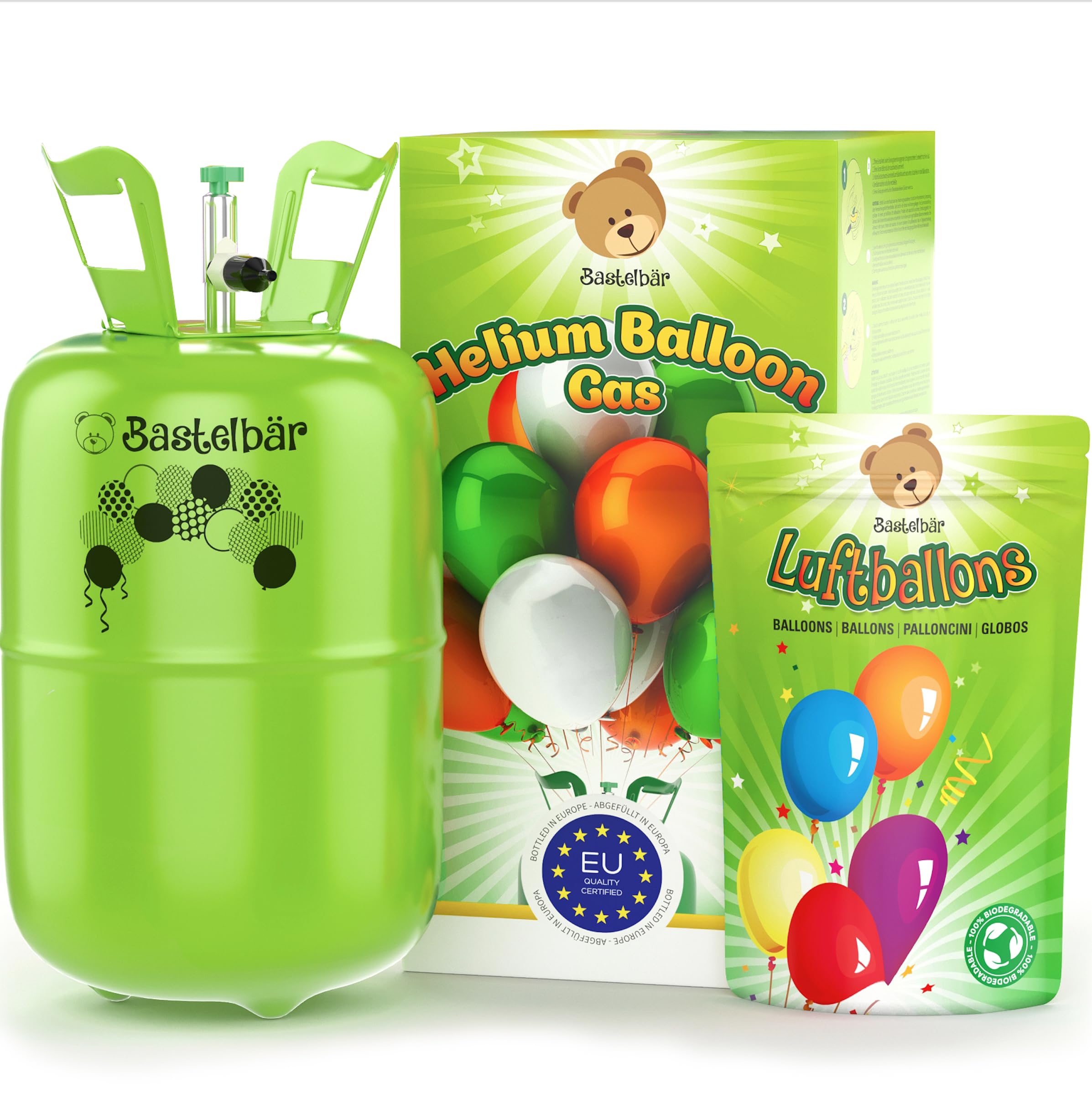 Bombona de gas de helio + 100 globos ecológicos • Gas para globos de 420 l garantizado para aprox. 50 globos • Fácil manejo • Made in EU • Globo de helio Premium • Helio para globos