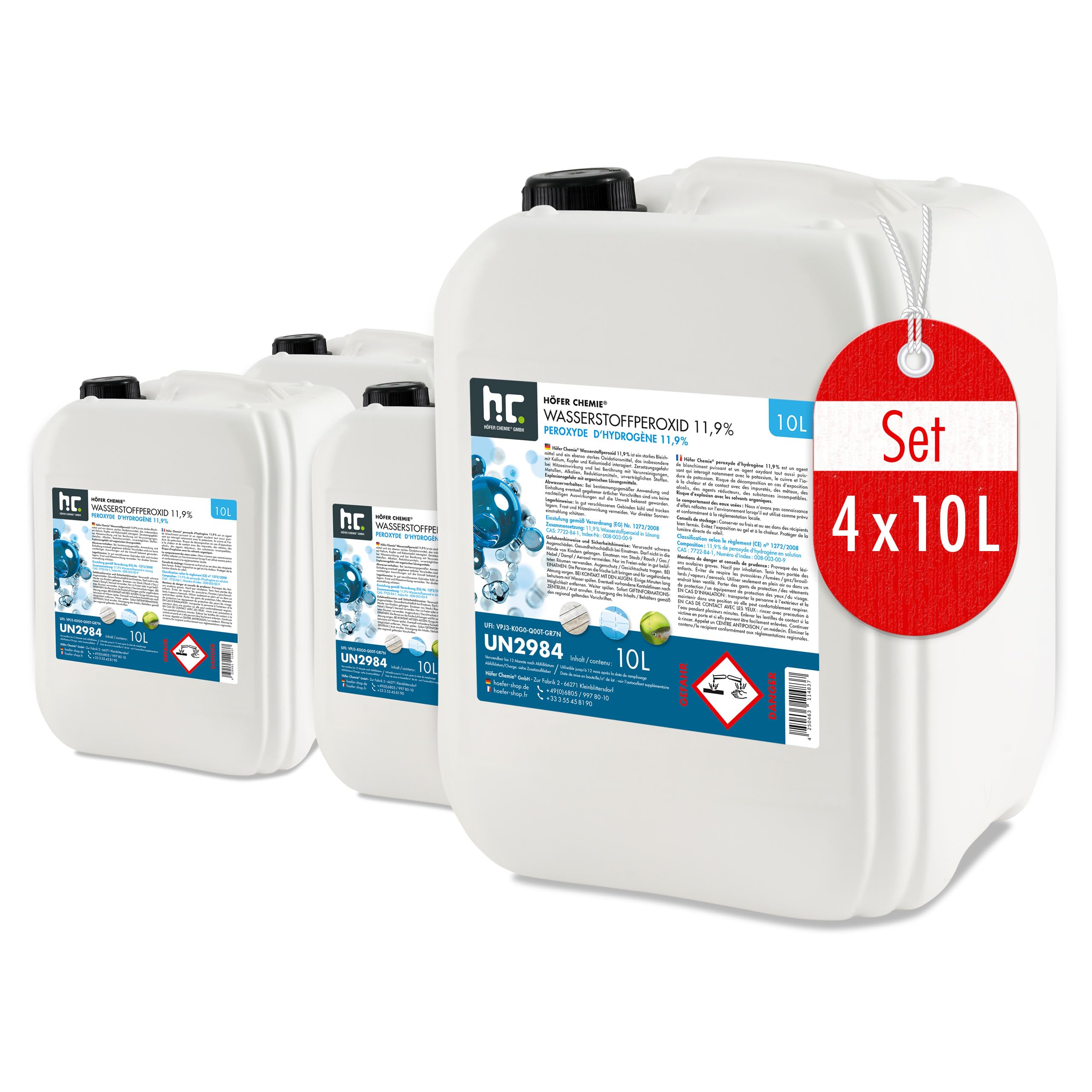 Höfer Chemie® Peroxyde d'hydrogène 11,9% – Bidon de (4 x 10 l) Stabilisé avec Bouchon de Sécurité