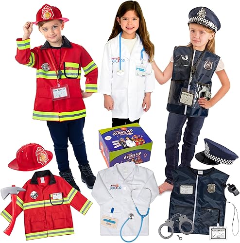 Born Toys Juego de disfraz de 16 piezas de alta calidad para niños de 3 a 7 años bombero disfraz de policía y médico todos los juegos son lavables y