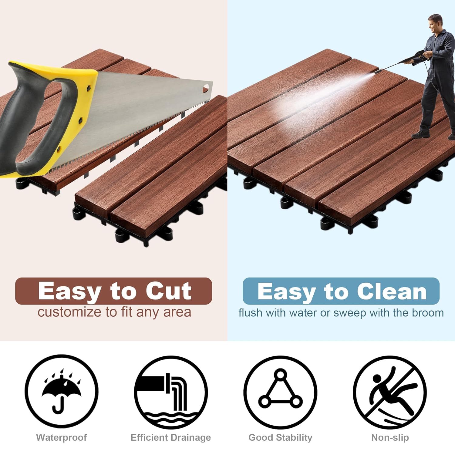 PrimeZone 27 PCS Solid Acacia Wood Interlocking Deck Tiles - 12" x 12" Waterproof Indoor Outdoor Patio Flooring Decking Tiles for Balcony, Backyard & Poolside, All Weather Use, Brown