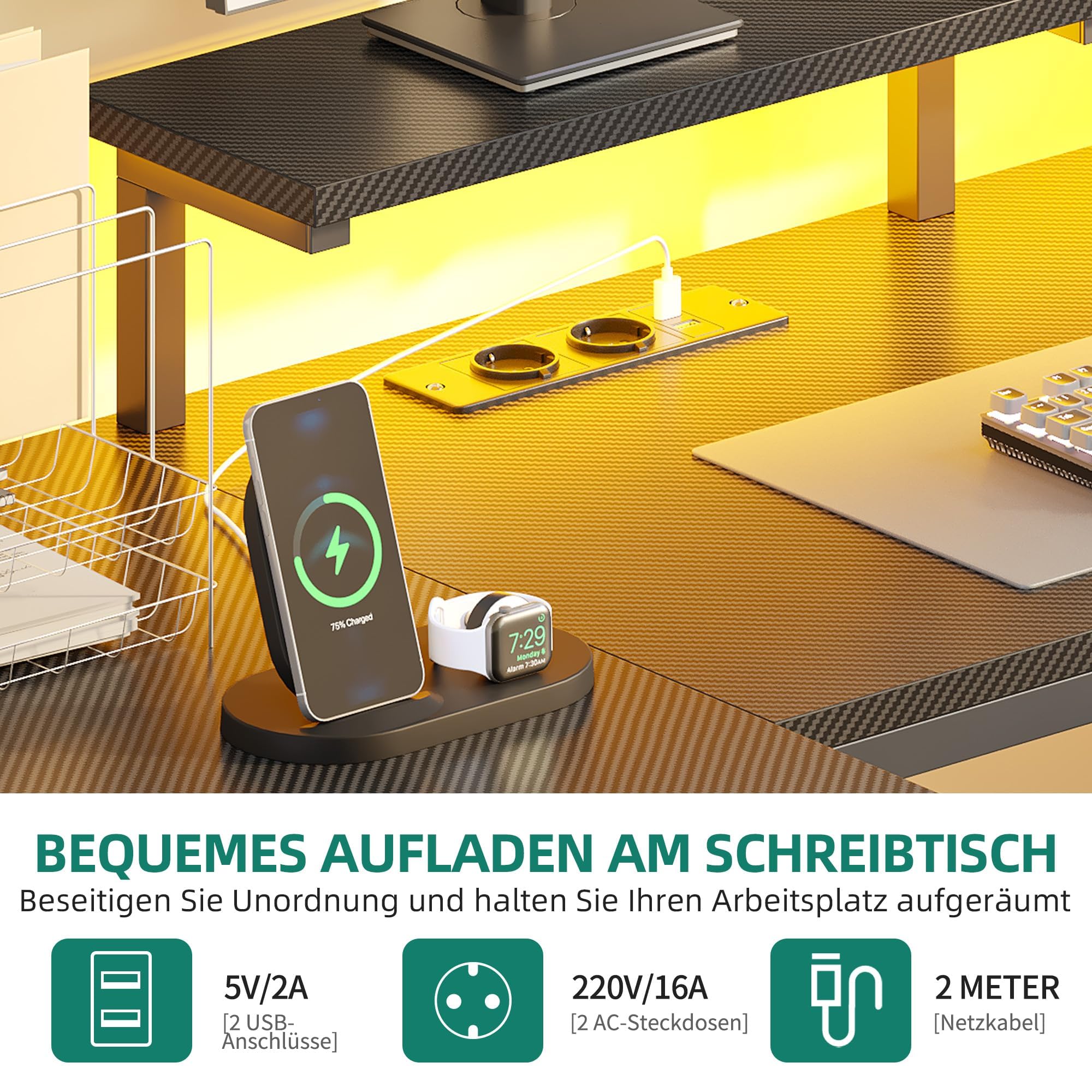 YITAHOME Computer Schreibtisch 158 x 100 cm, Gaming Tisch mit Steckdosen & LED-Lichter, Reversibler Eckschreibtisch mit Regalen, Computertisch schubladen & Stauraumfür Home Office, Schwarz
