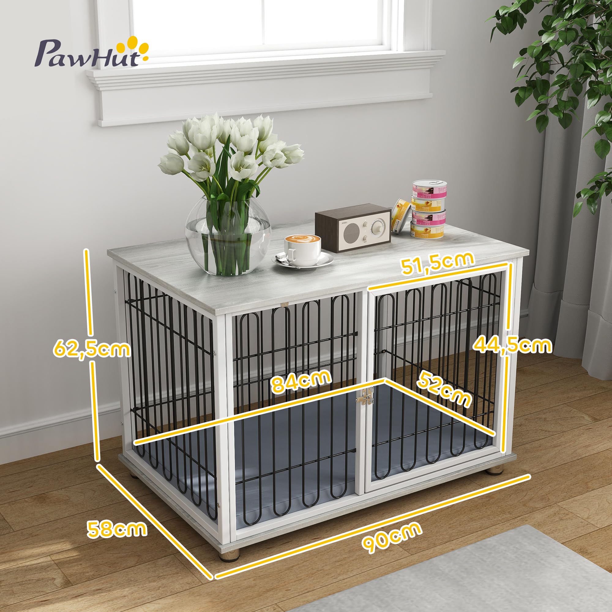 PawHut Cage pour Chien, Meuble Cage Chien intérieur avec Coussin, Pieds réglables, Table d'appoint, Fil d'acier Solide, pour Chiens Moyens jusqu'à 20 kg, 90 x 58 x 62,5 cm, Gris