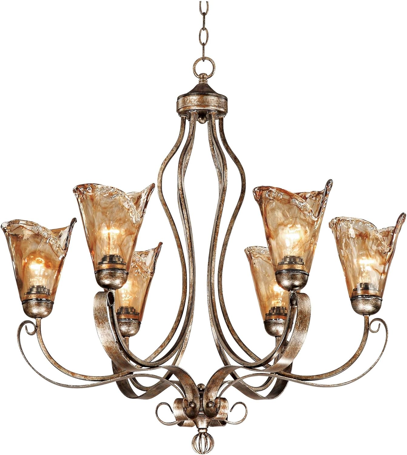 Franklin Iron Works Amber Scroll Golden Bronze Silver Large Chandelier 31 1/2" Wide Rustic Art Glass 6-Light Fixture for Cottage Core Dining Room House Foyer Entryway Kitchen Bedroom High