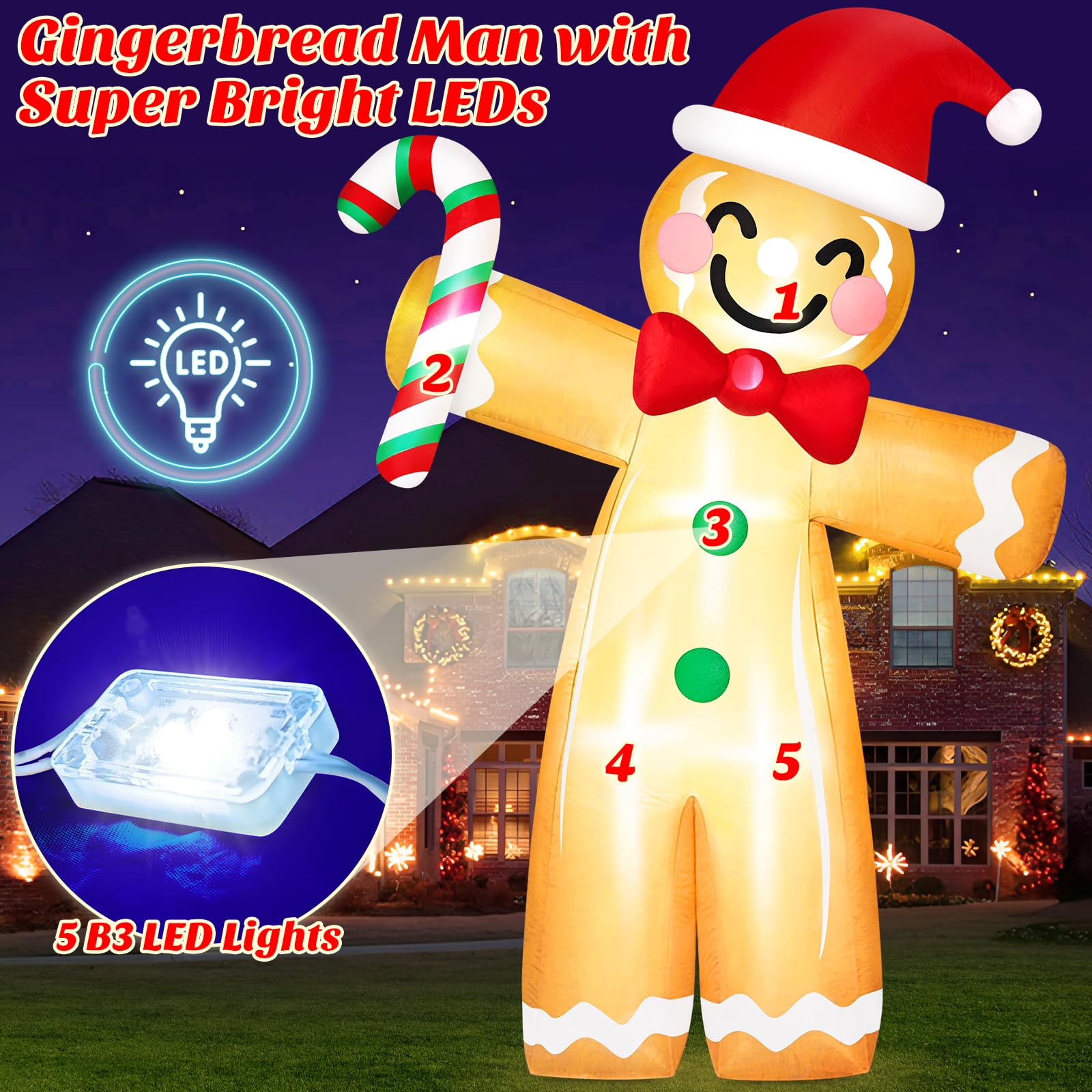 Danxilu 12FT Giant Christmas Inflatable Gingerbread Man Outdoor Decorations with Candy Cane - Image 3