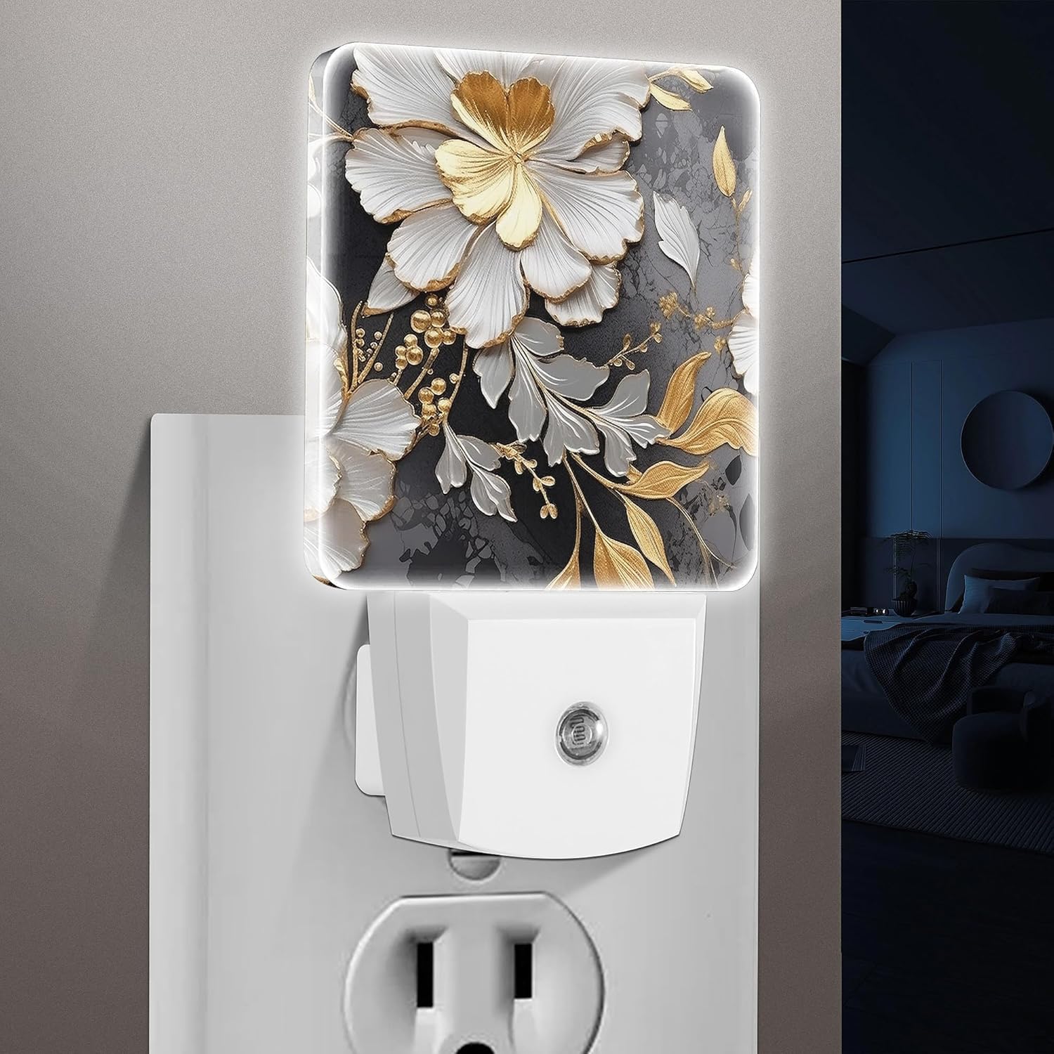 LED Night Light Lamp with Smart Sensor Dusk to Dawn Sensor,Modern Abstract Art Flowers Golden Elements Night Light Daylight White,0.5W Plug-into Wall for Adult,Bedroom,Bathroom,Hallway,Kitchen