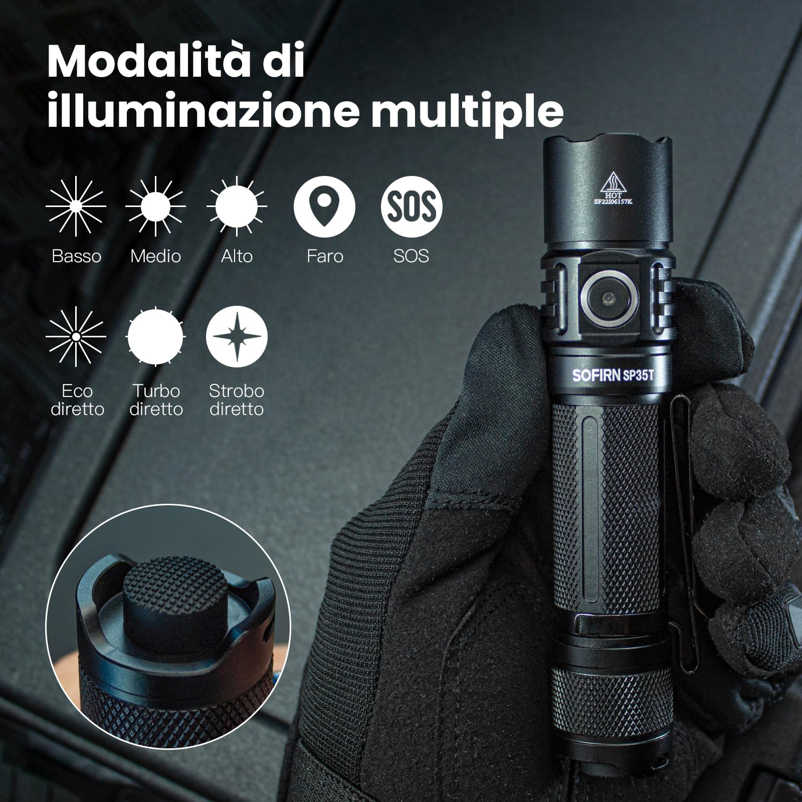 Sofirn SP35T torcia tattica con fondina torcia, 3800 lumen con doppio interruttore, 8 modalità di luce, torcia a LED, IPX8, USB-C, torcia ricaricabile per caccia, campeggio, corsa e pesca