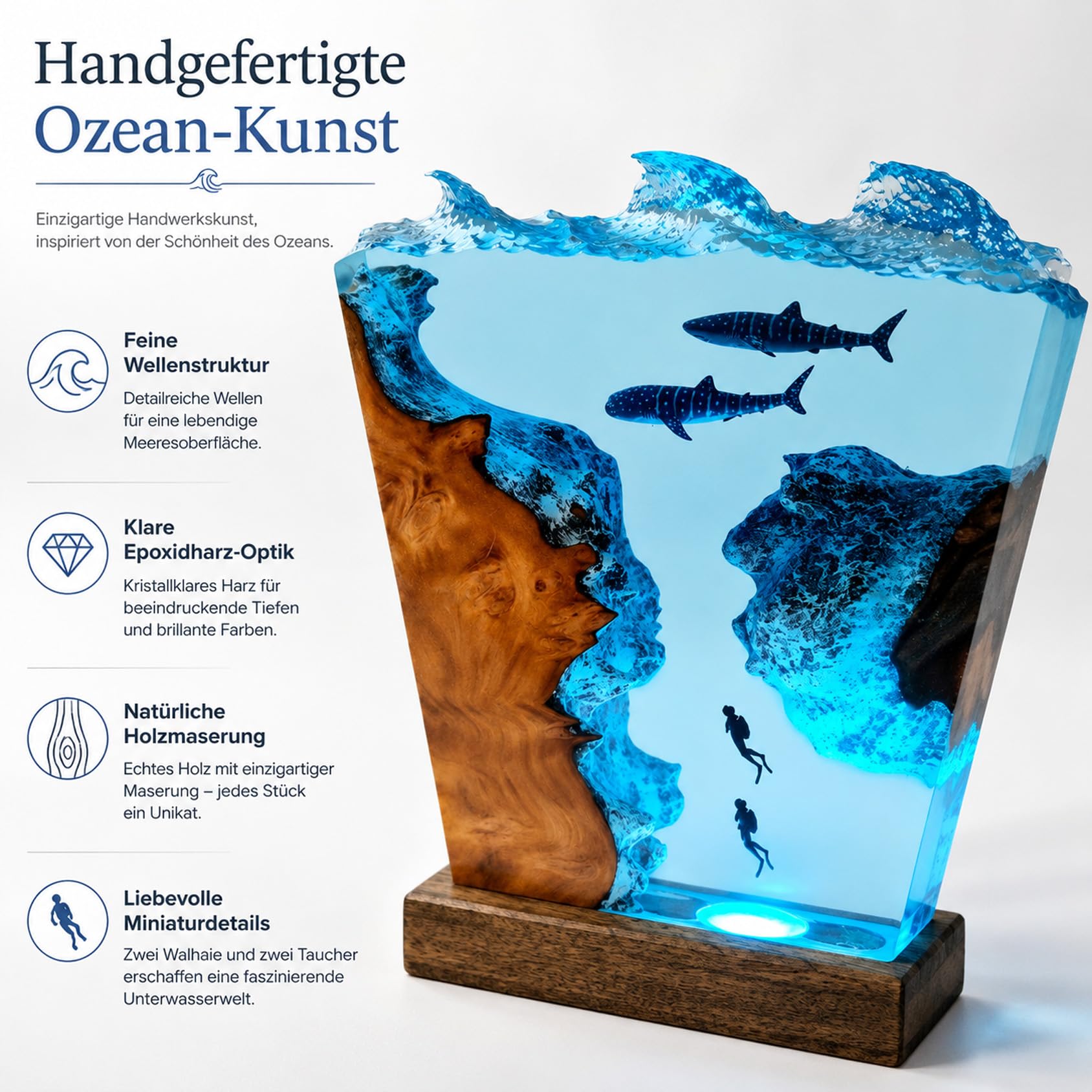 Drawelry 3D Meer Wal Hai Harz Nachtlichter Unterwasser Ornamente (E3) | Holzsockel, USB-Kabel, Ozean Szene, Epoxidharz Lampe,Heim Büro Deko,Weihnachten Geburtstag Geschenke
