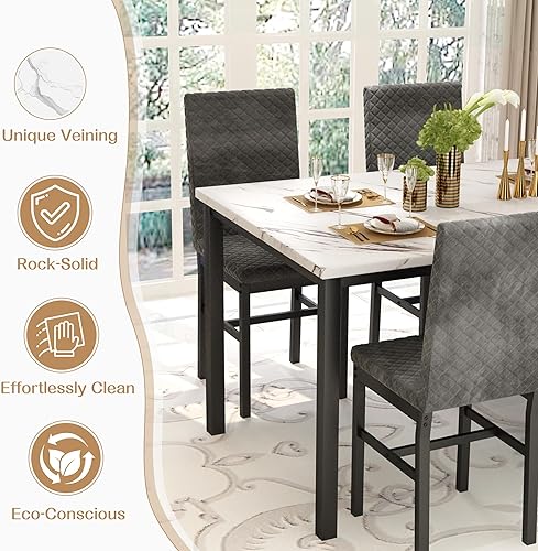 Miniatura 7 de Recaceik Juego de mesa de comedor para 4, moderno juego de mesa de comedor de 5 piezas de mármol sintético y 4 sillas tapizadas de terciopelo, juego