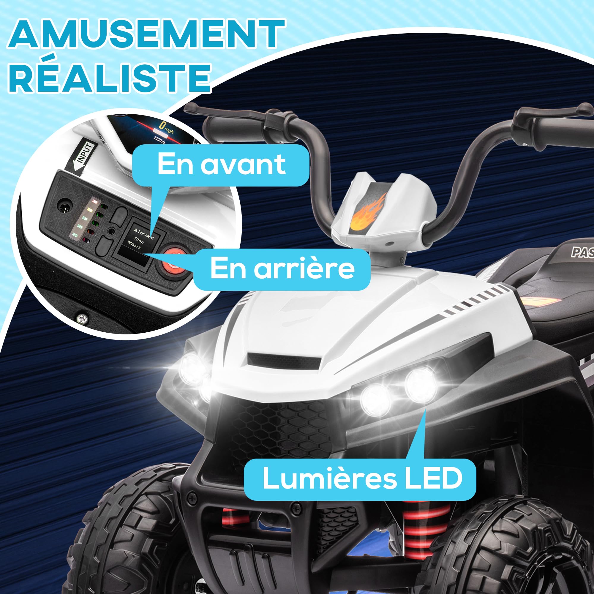 AIYAPLAY Elektryczny Quad dla Dzieci 12V - 2 Silniki, Prędkość 5 km/h, Bieg do Przodu i z Tyłu, Reflektory LED, Klakson, MP3, 37-60 Miesięcy, Biały
