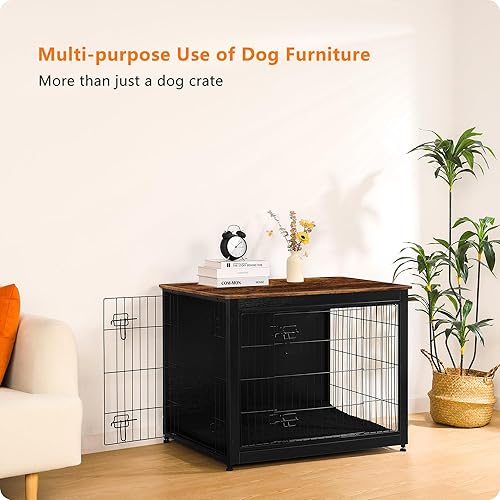 Vista 185 de DWANTON Mueble de jaula para perros con cojín, caja de madera para perros con puertas dobles, muebles para perros, perrera de interior, mesa Negro