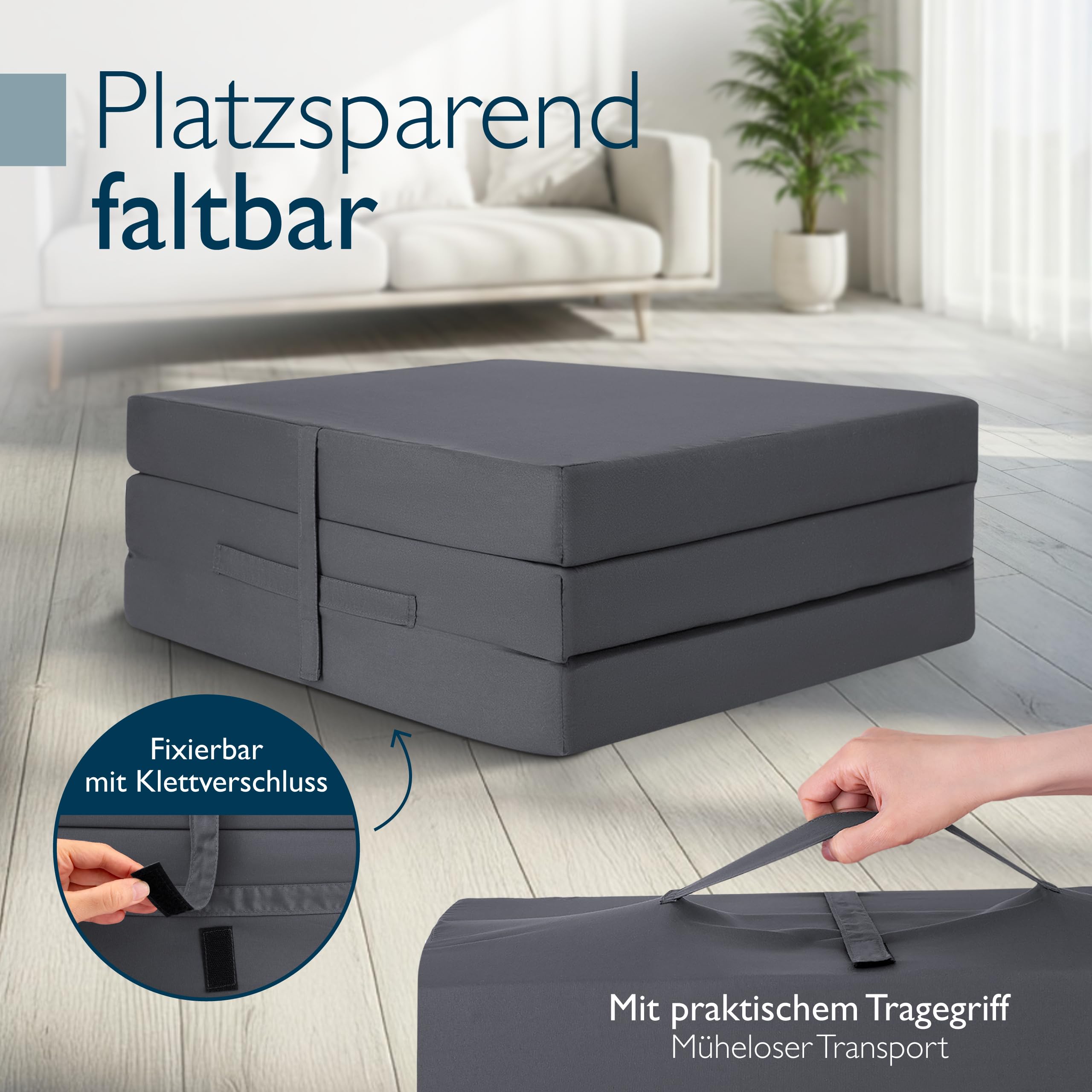 Beautissu Klappmatratze Gästebett klappbar 60x190 cm Faltmatratze Gästematratze faltbar Reisematratze Klappbett Gäste Matratze – Campix Camping Matratze Tragegriff Bodenmatratze waschbar Anthrazit