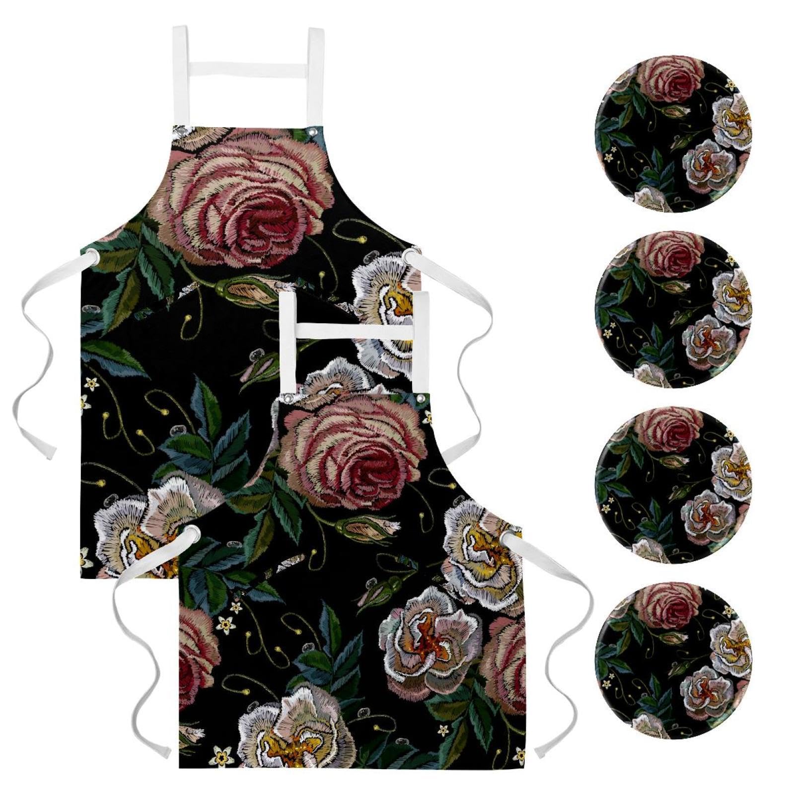Tablier de cuisine avec roses brodées et broches amovibles pour le travail - 7