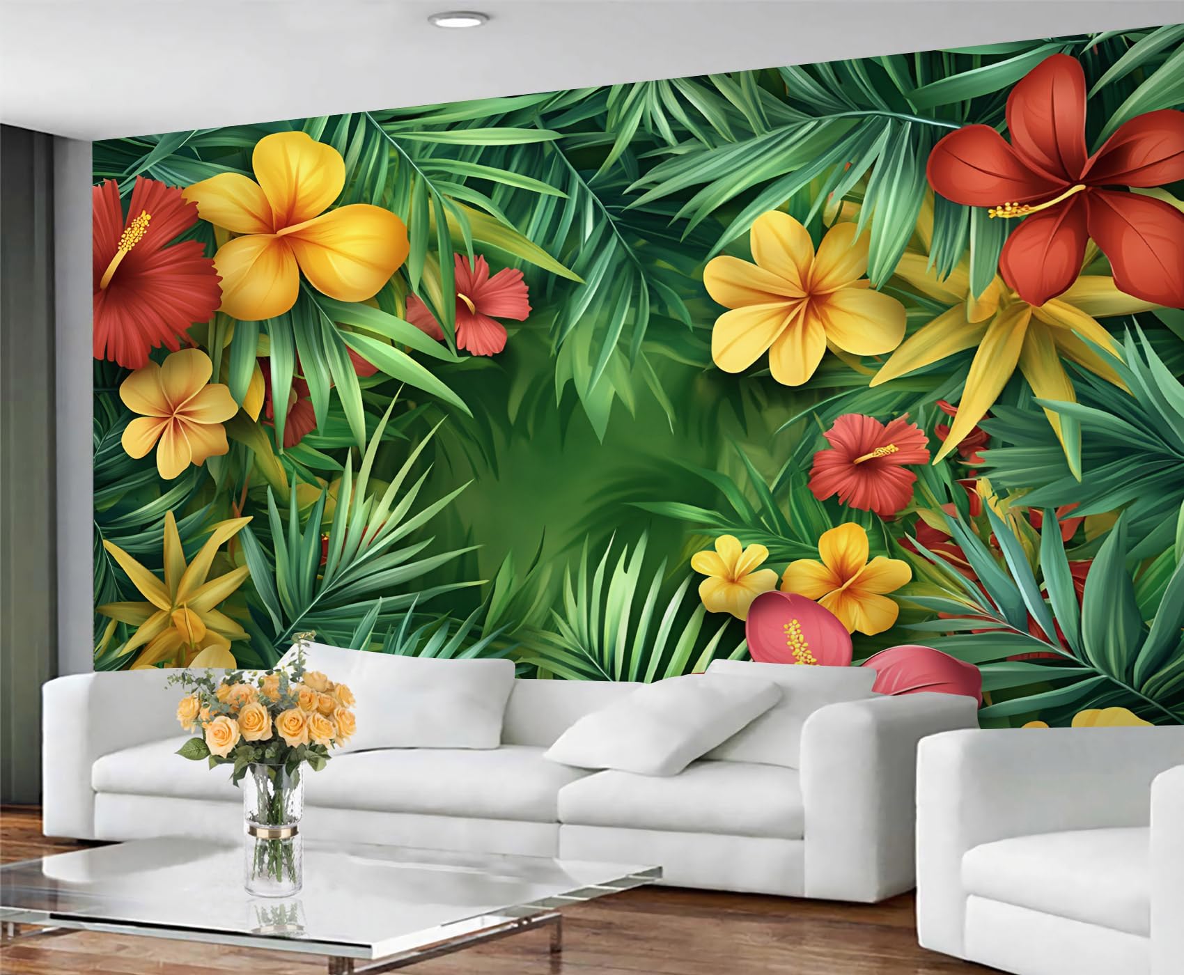 GIVLWF Wallpaper Tropical Flowers Mural & Home Decor, Hibiscus Bedroom Wallpaper, Palm Leaves Wall Paper for Living Room, Summer Floral Large Wall Mural - Not Self-Adhesive