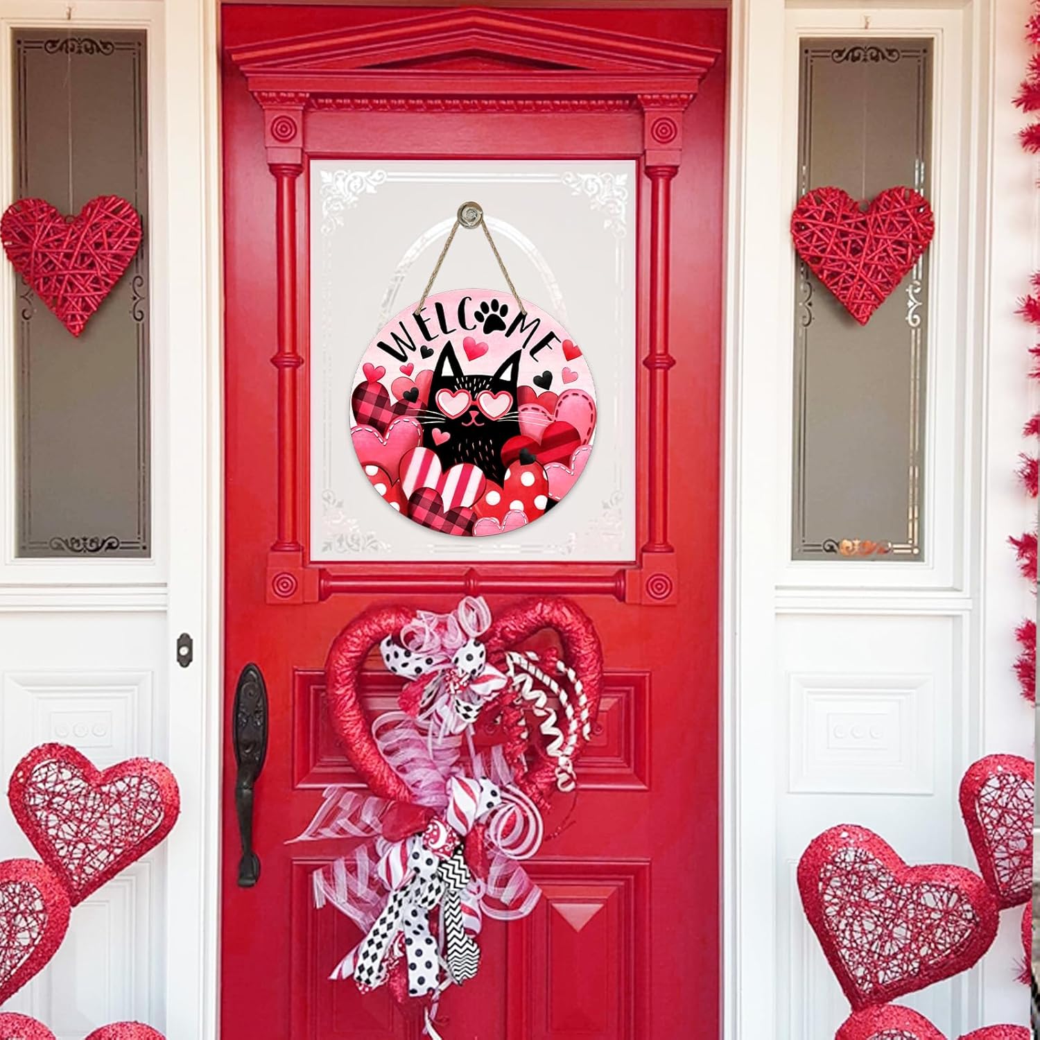 Welcome Valentine's Day Black Cat Front Door Sign, Kitty Pink Red Love Heart Wood Door Hanger Outdoor Outside Porch Decor, Anniversary Wedding Wooden Wreath Indoor Wall Hanging Decoration - Image 4