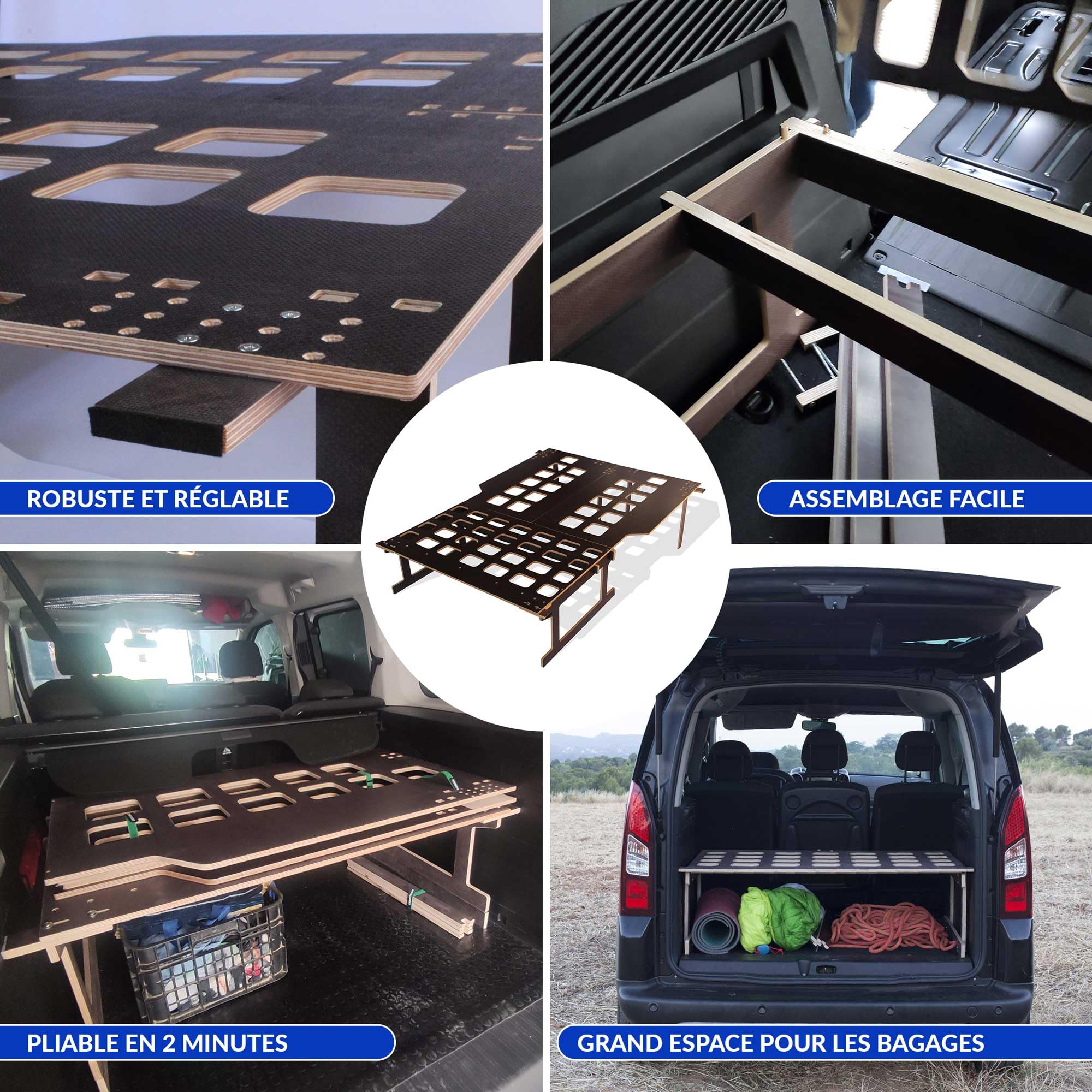 Kit Couchage Fourgon Aménagé Camporan – Lit Pliable avec Matelas, Sommier pour Minivan, legère, Compatible Berlingo Kangoo Rifter Courier II Dokker.