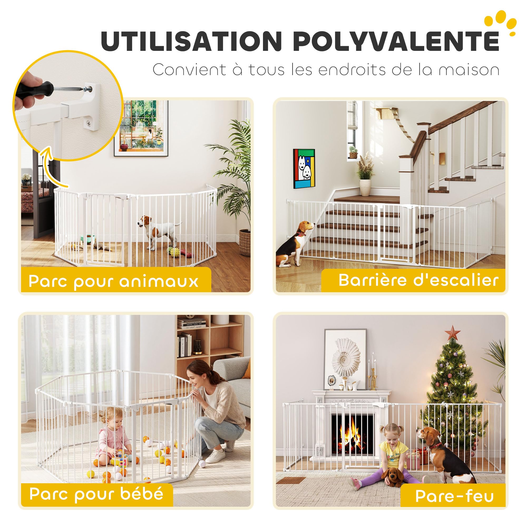 PawHut Barrière de sécurité Pliable et modulable, 366 cm, avec Porte à Double Verrouillage, Parc enclos pour Chien et Enfant, barrière de Protection cheminée en métal, 6 Panneaux, Blanc