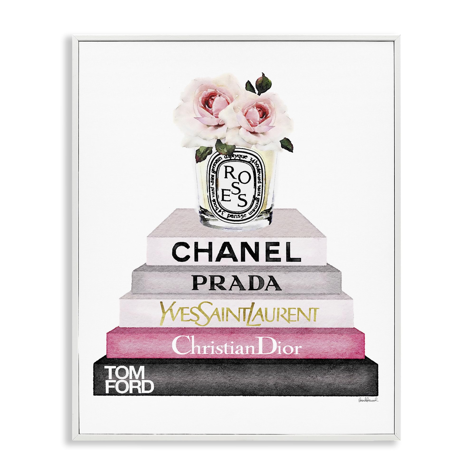 Stupell Industries 'Book Stack Fashion Candle Pink Rose', Framed Giclee Art, White, 16 x 20 Inches, Easy to Hang and Sturdy, Made in USA, by Amanda Greenwood