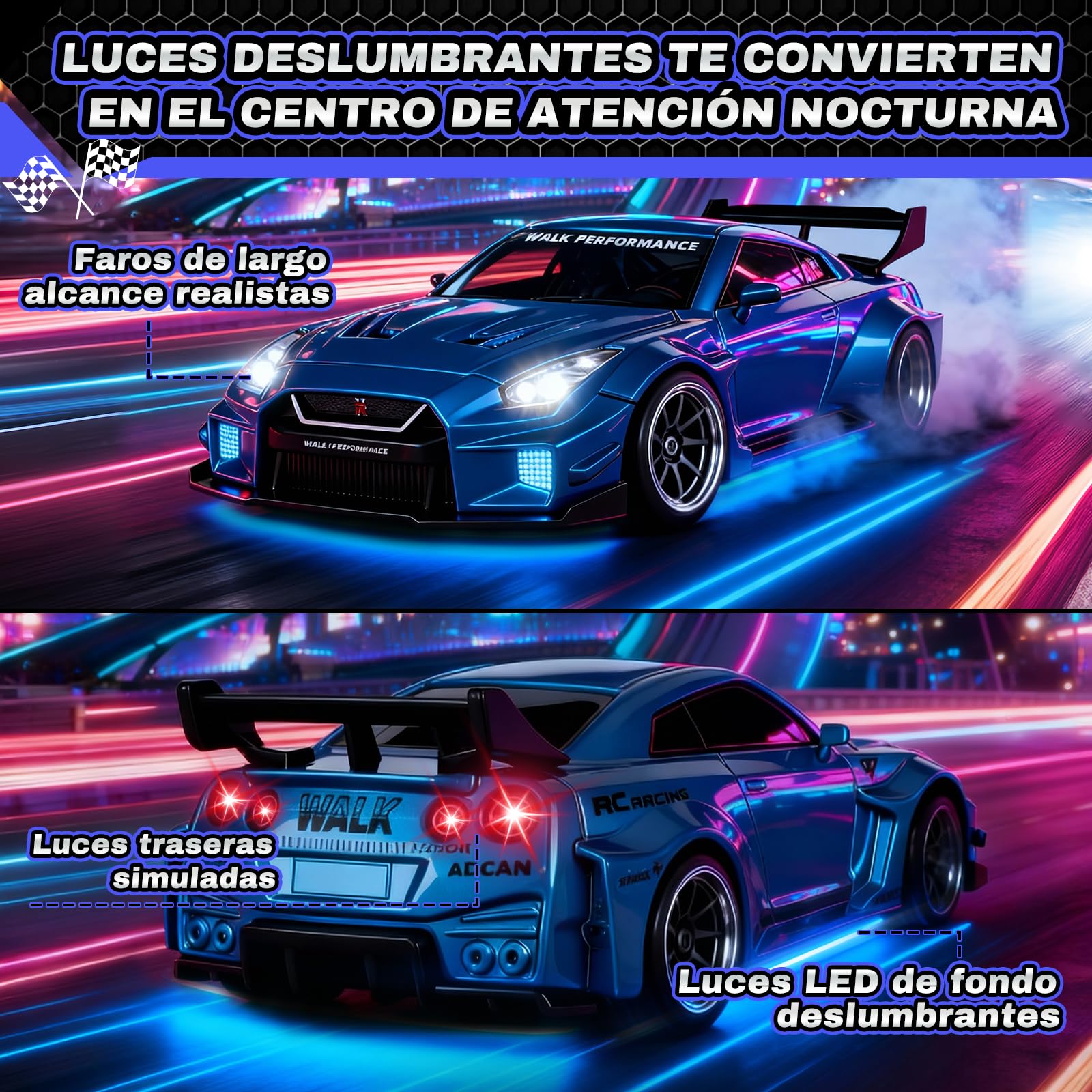 YOOHBERRYS Coche RC Drift Pro, 1:43 Mini RC Drift Car, 4WD Coche Radiocontrol con Giroscopios y Luces LED, 15km/h, Coche Teledirigido de Juguete para Niños de 14+ Años (Azul)
