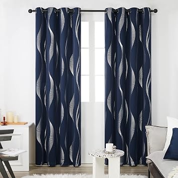 Deconovo Curtains for Living Room, Pattern Blackout Curtains 72 Inches Long | Room Darkening, Thermal Insulated, Grommet, Silver Wave Foil Pattern Window Drapes, 2 Panels Set, Navy Blue, 52 x 72 Inch