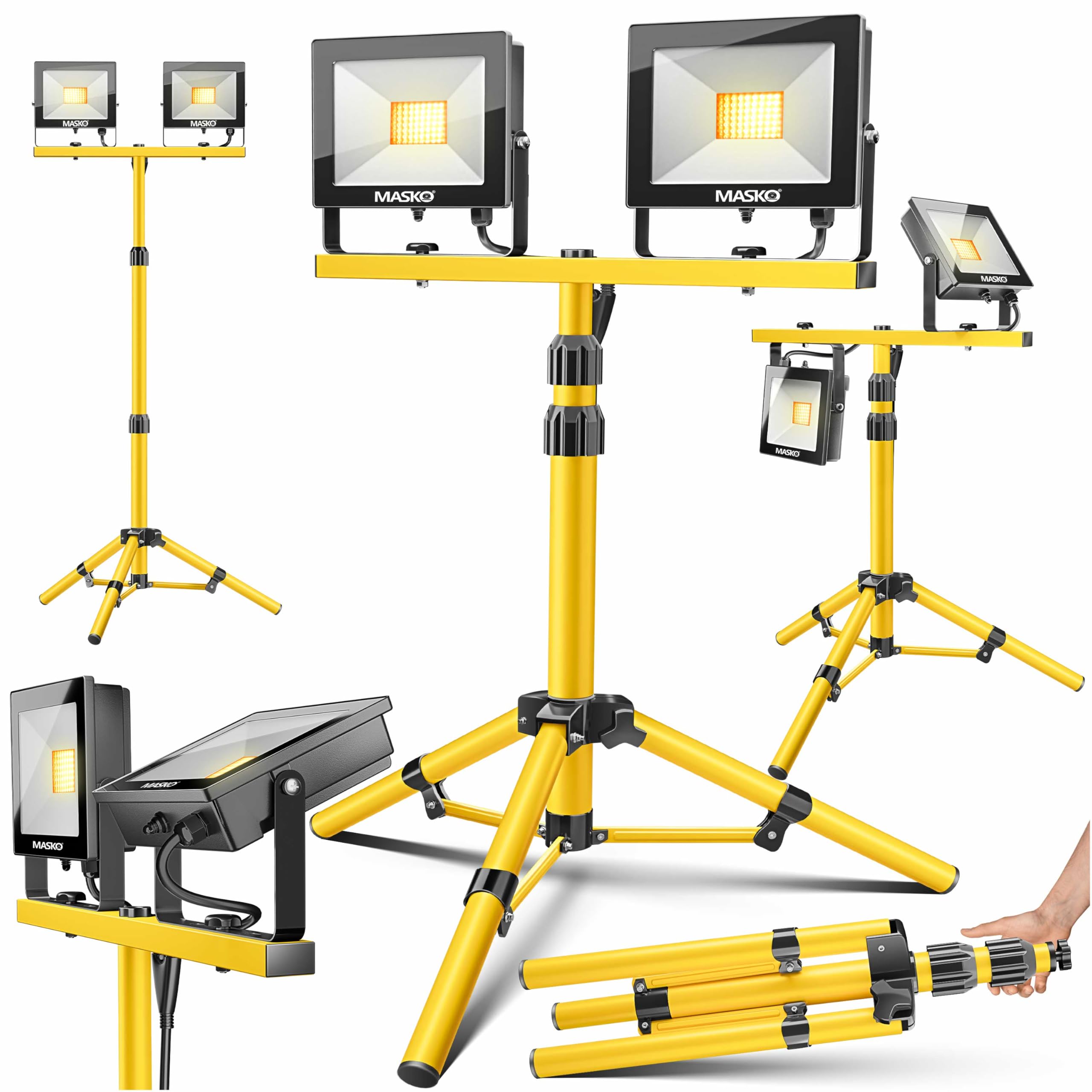 MASKO® LED Baustrahler 8000 Lumen Doppel 2x50W mit Stativ & Fernbedienung Arbeitsleuchte 72LEDs Arbeitsscheinwerfer 360° Drehbar IP65 Bauscheinwerfer 5m Kabel Baustellenlampe höhenverstellbar 86-202cm