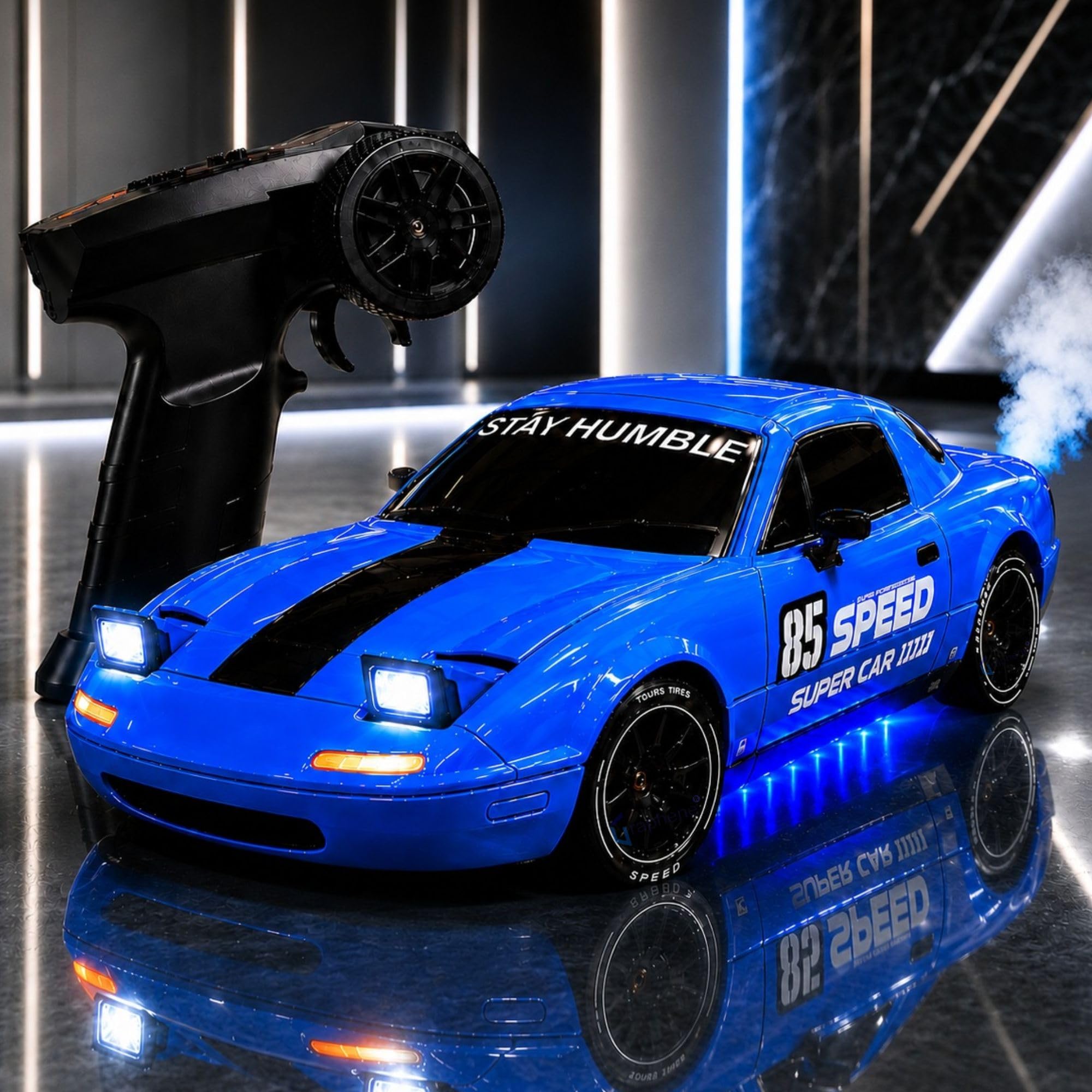GRAPHENE 1:24 Drift Car Toy for Boys 4Wd Remote Control High Speed RC Stunt Car LED Pop-Up Lights Smoke Effect 2.4GHz Rechargeable Racing Toy Car for Kids Drift Tires Road Blocks (Green)-image-43