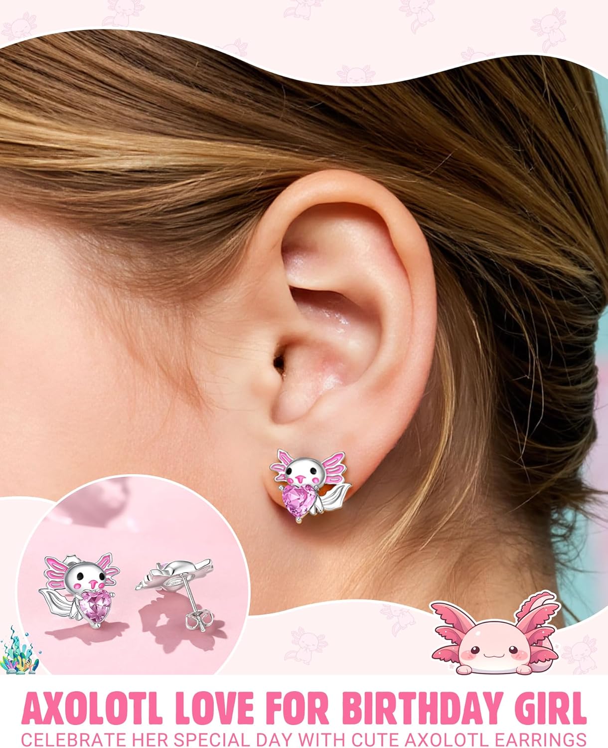 A Lotl of Love – Axolotl Stud Earrings for Girls Christmas Valentines Birthday Gifts - Image 2