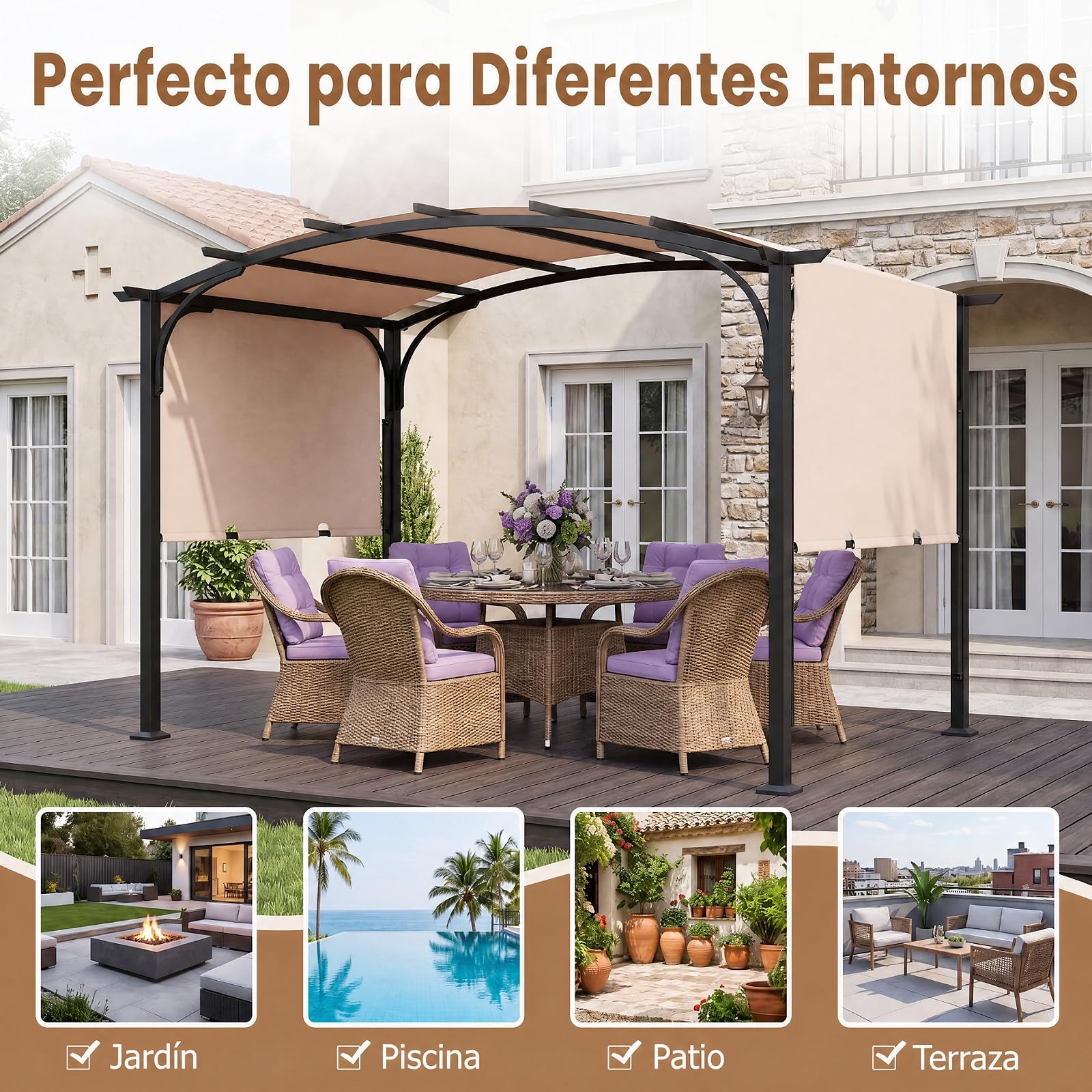 GOPLUS Pérgola Retráctil para Exterior, 305x246x233 cm (Beige) | Cenador de Jardín con Estructura Metálica y Tejido de Poliéster, Arco Jardín con Toldo para Patio, Terraza, Porche