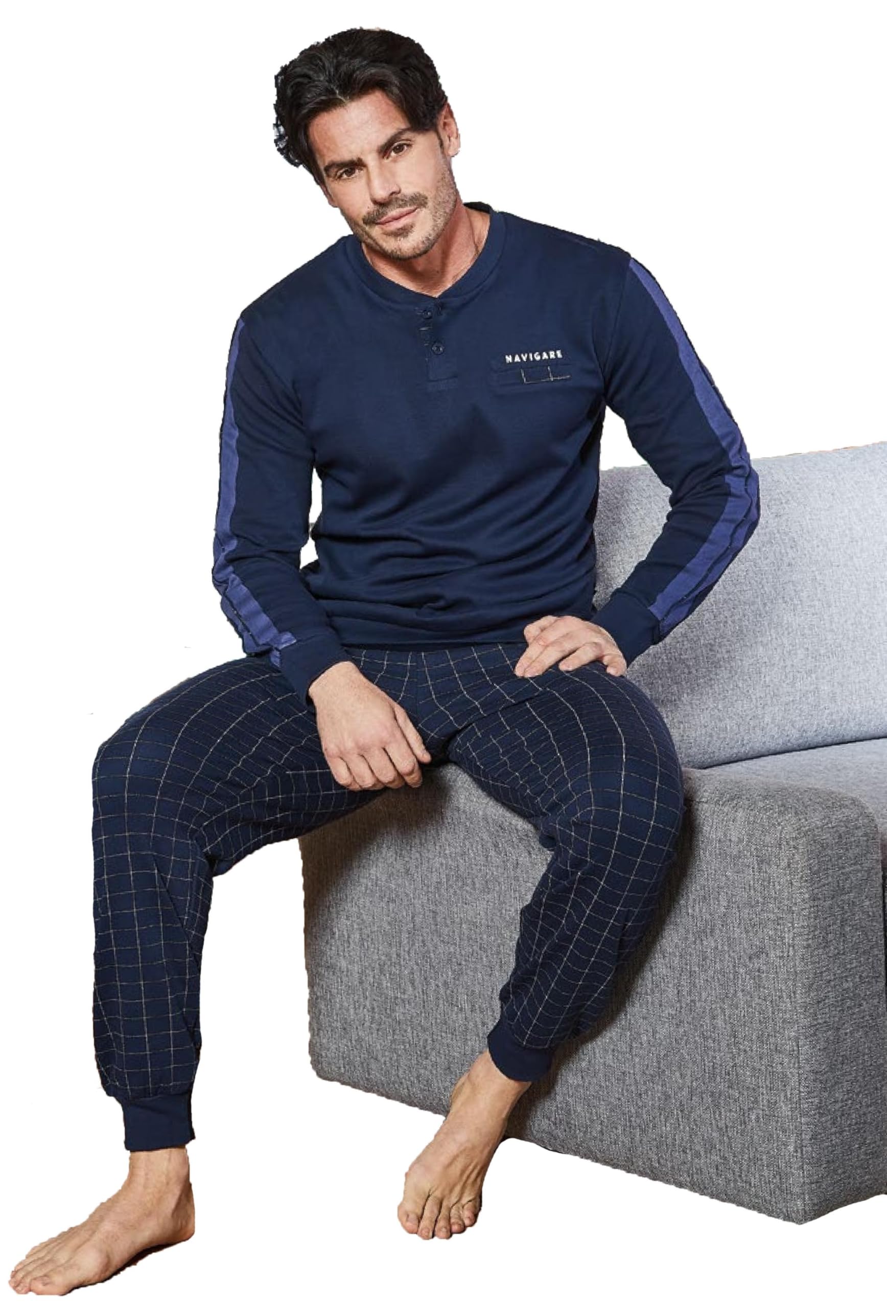 Navigare Pigiama Uomo Caldo Cotone Invernale Serafino con Polsini Vari Modelli (IT, Testo, XL, Regular, Regular, 1702 Grigio M.)