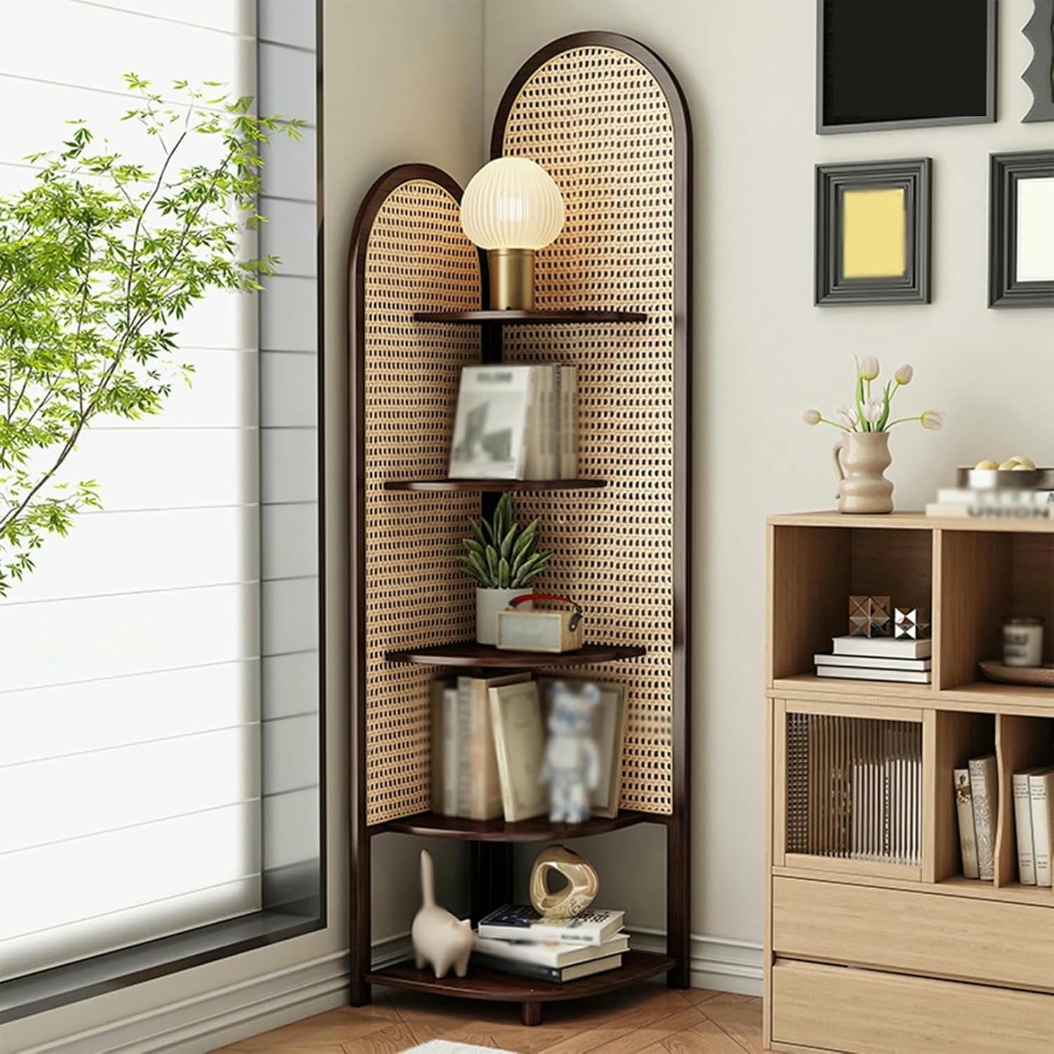 5-Tier Rattan Corner Shelf, Triangular Storage Organizer, Stylish Corner Bookshelf for Bedroom & Living Room Decor