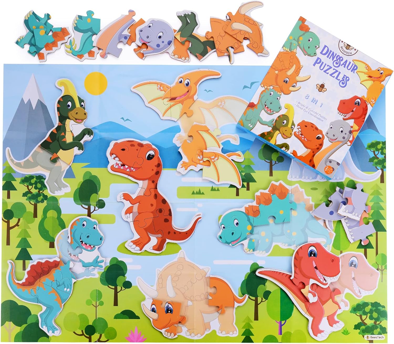 BEESTECH Beginner Dinosaur Puzzles for 3, 4 Year Old Toddlers, 8 Pack Jigsaw Educational Learning Puzzles for Toddlers, 8 Different Dinosaurs with Dinosaur World Map