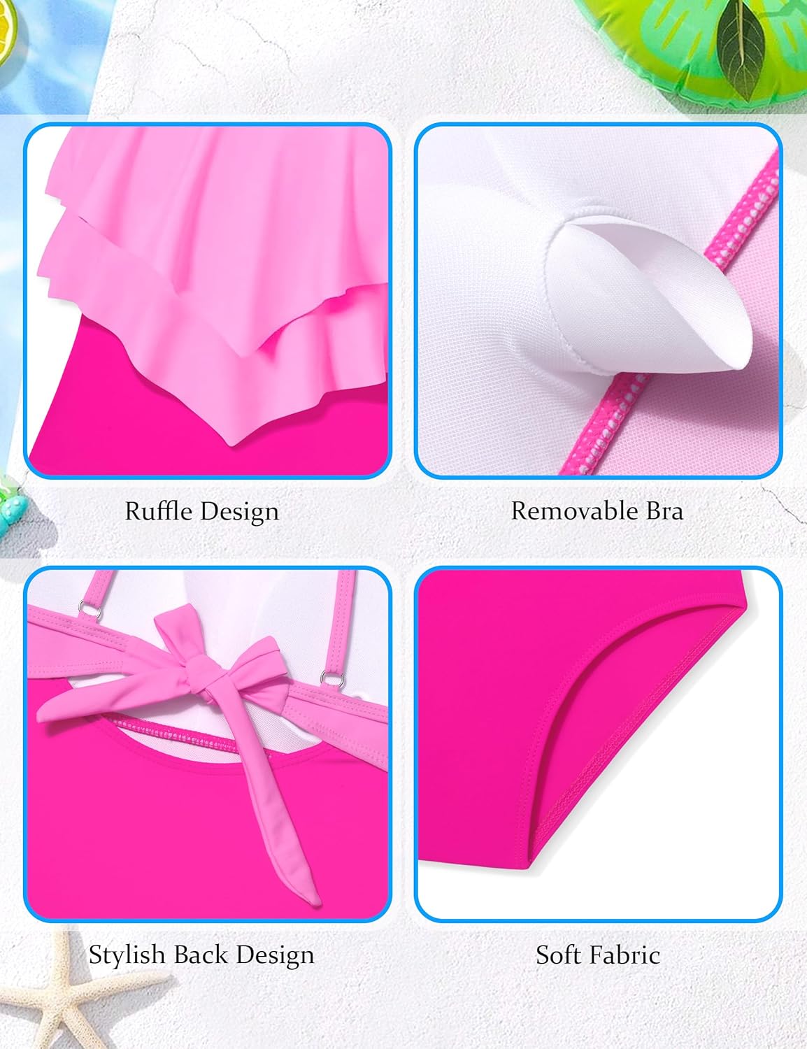 Girls Swimsuit Color Block One Piece Swimsuit 2-Tiered Ruffle Bathing Suit Adjustable Strap Girls' Swimwear 7-16Y - Image 6