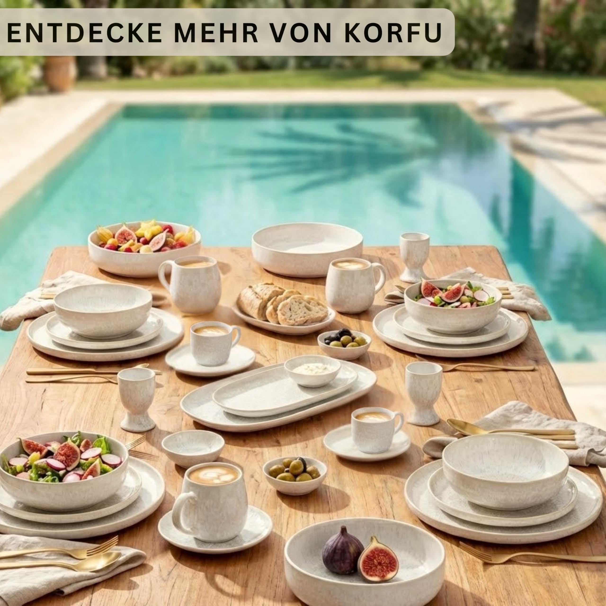 SÄNGER Geschirrset Korfu 12 tlg Steingut Handmade Teller Set Creme Sandiger Maserung