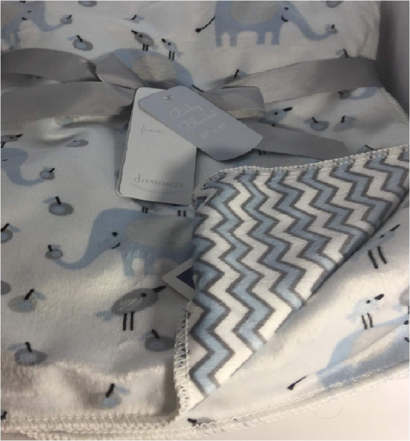 dreamers Plush Baby Blanket 30in X 40in - Reversible Elephant Bird Blue/Chevron