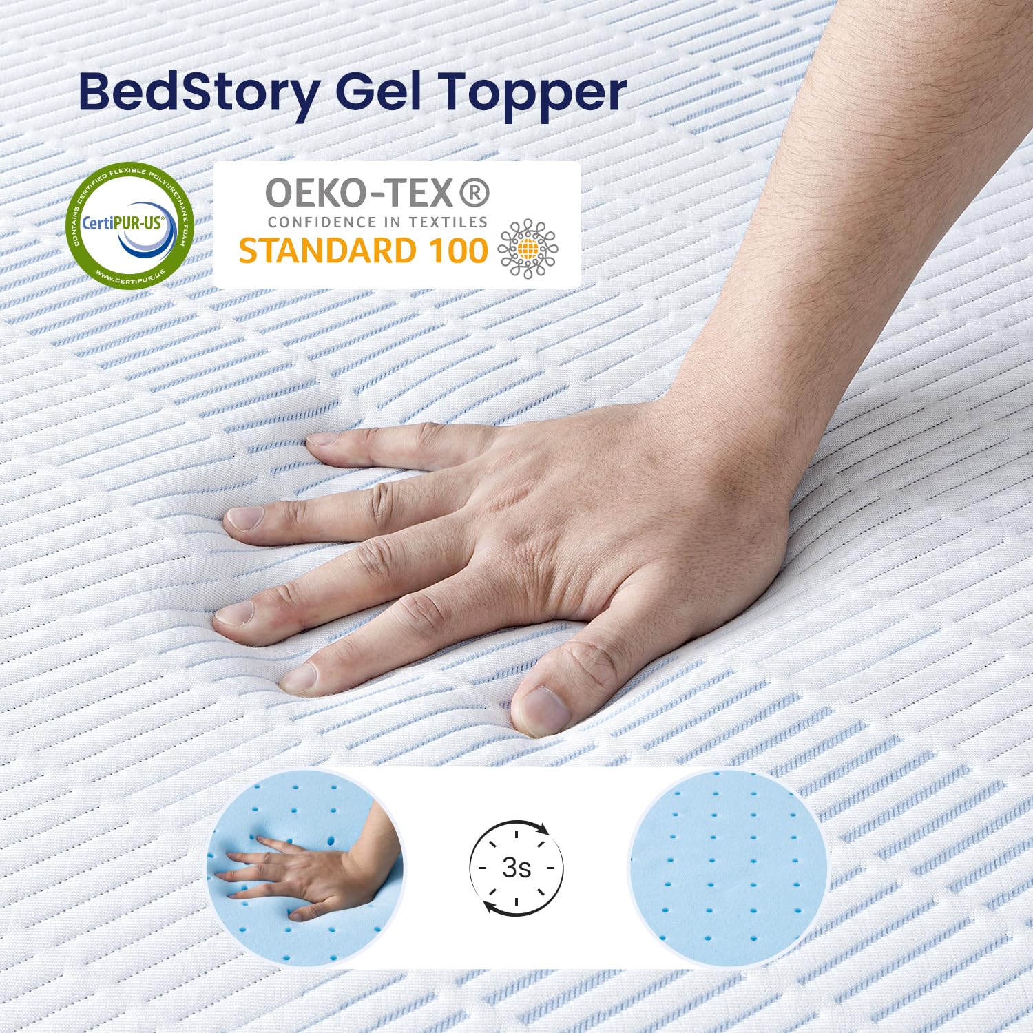 BedStory Geltopper, 120 x 200 cm, 10 cm hoogte, gelschuim, matrastopper, H3 en H4, matrastopper van koudschuimkern, matrastopper voor bed, boxspringbed, slaapbank, caravan, Oeko-Tex®-gecertificeerd