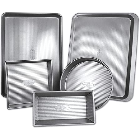 USA Pan Bakeware Aluminzed Steel 5-Piece Set Half, Cookie Sheet, Loaf, Square, Round Cake Pan