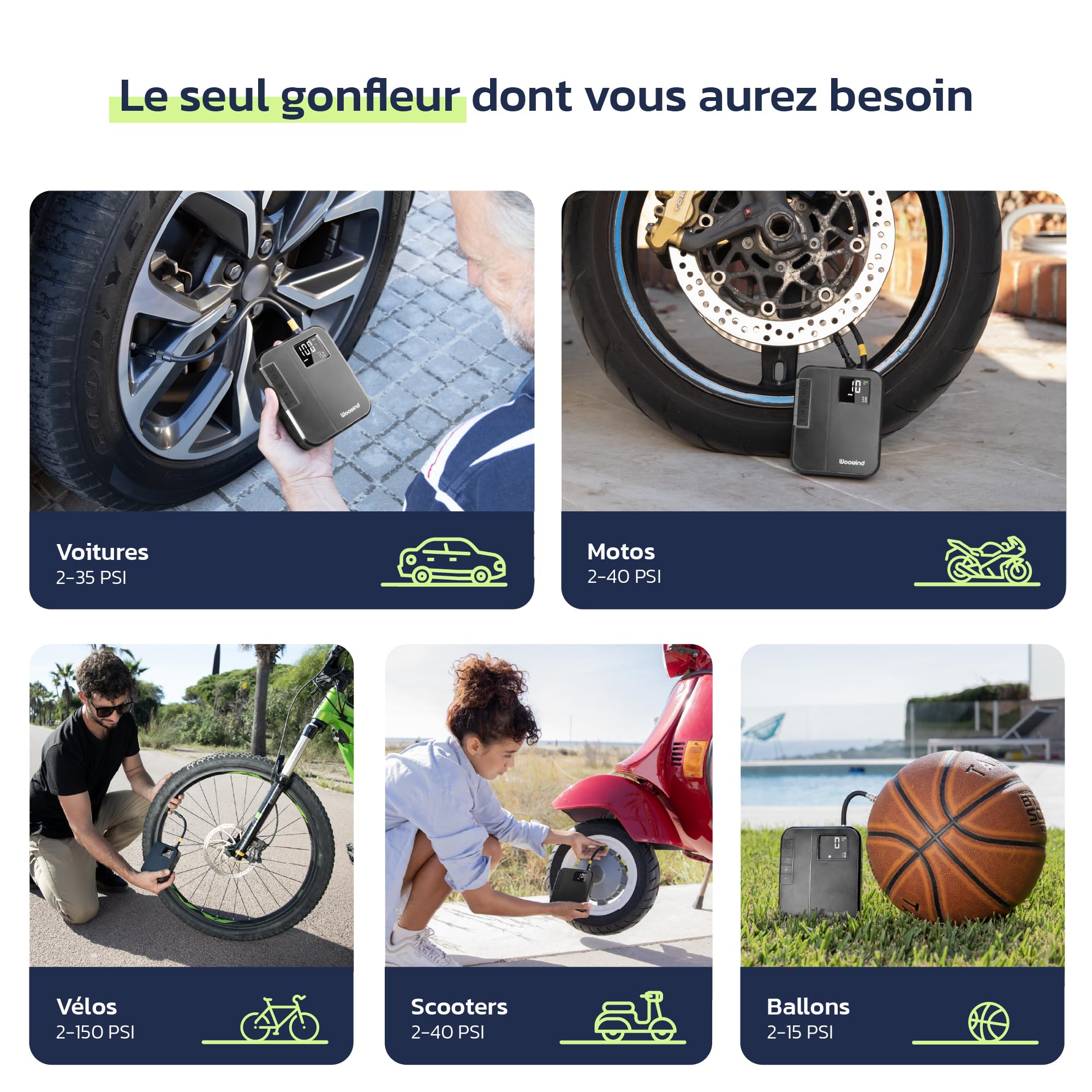 Woowind DP3 Gonfleur de Pneus Compresseur d'air Portable, 12V Pompe Pneu de Voiture et Pompe Air sans Fil pour Les Pneus de Voiture, Moto, Scooter, Dirtybike et Ball