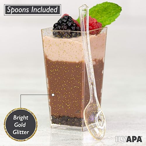 Miniatura 10 de Ilyapa 100 mini tazas de postre de plástico con cucharas, tiradores cuadrados de 2 onzas para postres de chocolate, aperitivos, muestreadores y más