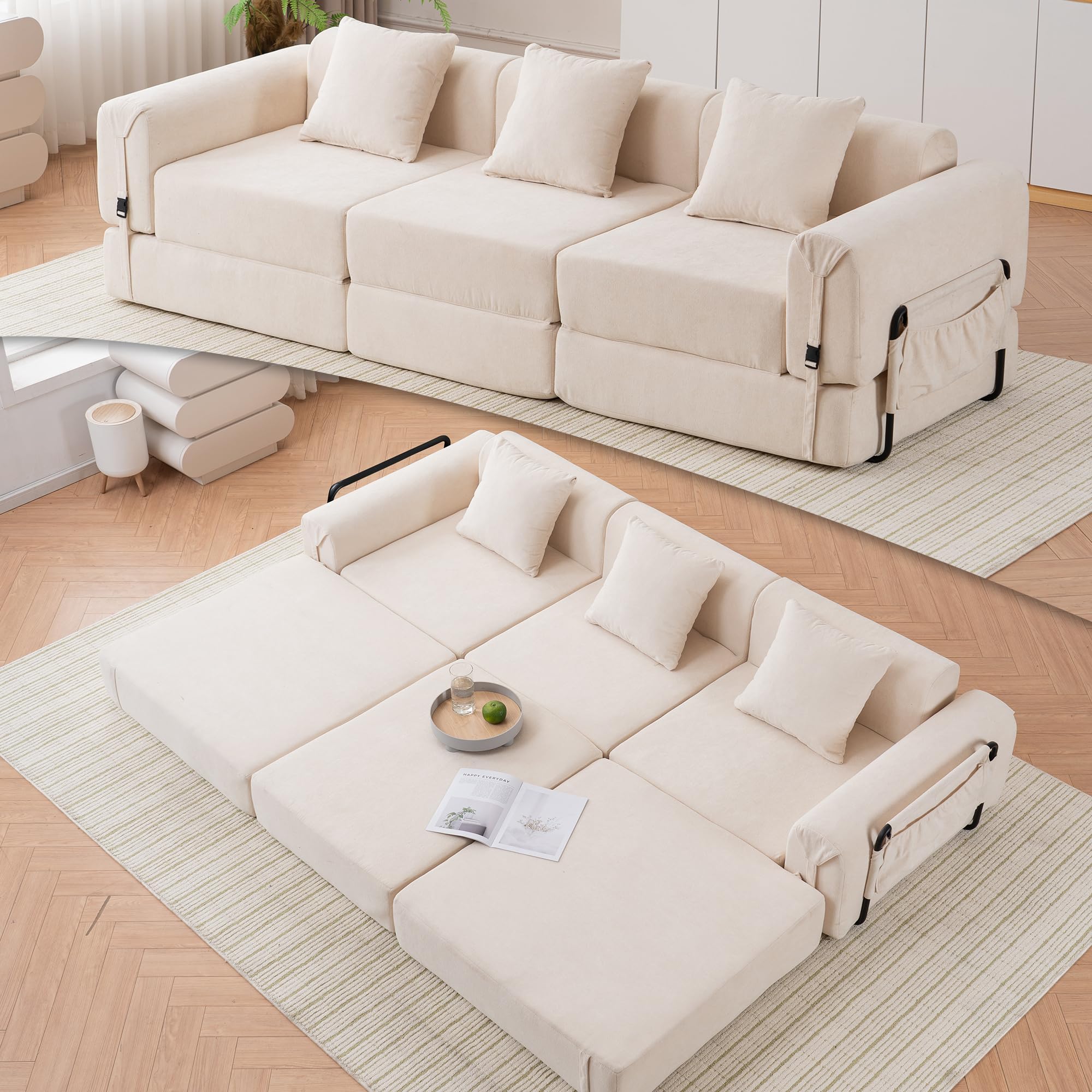 Tmsan 98.81" W Convertible Sectional Sleeper Sofa Bed, Comfy Fleece Folding Mattress Couch with Fixed-Shape Frame,Boneless Floor Lounge Couch Set for Living Room Apartment Office Bedroom