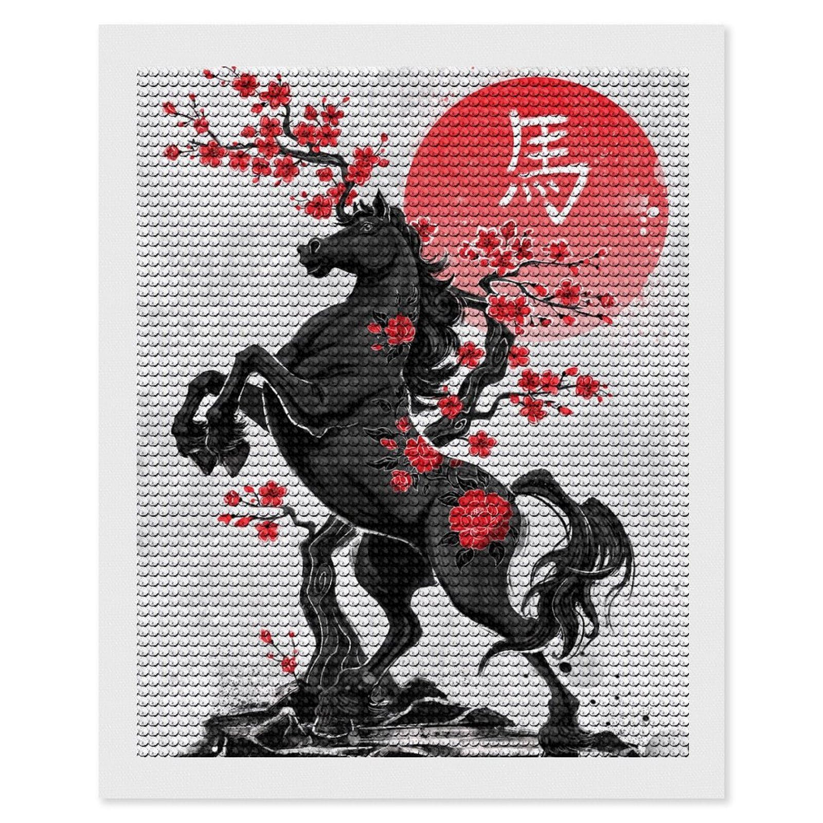 Junmoney Year of The Horse - Zodiac Diamond Art Kit 16"x20", Holiday Gift Idea, for Women, Easy Handmade Project, Vintage Style Decor, Printed Canvas