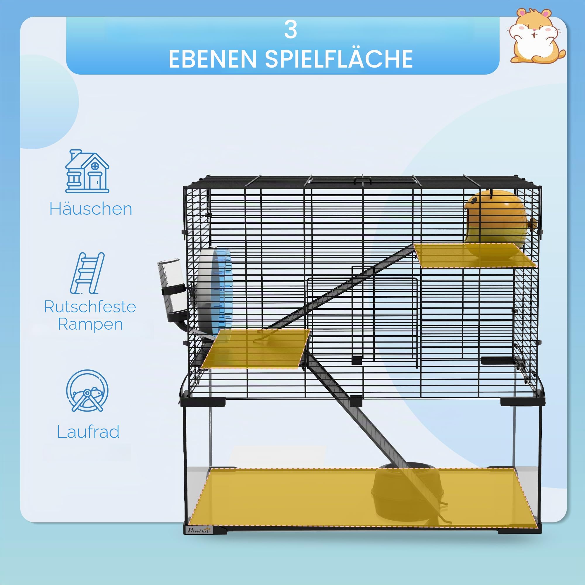 PawHut Hamsterkäfig, Nagetierkäfig, 3 Ebenen mit Rad, Rampen, Häuschen, Tränke, Futternapf, 60 x 40 x 54,5 cm, Schwarz
