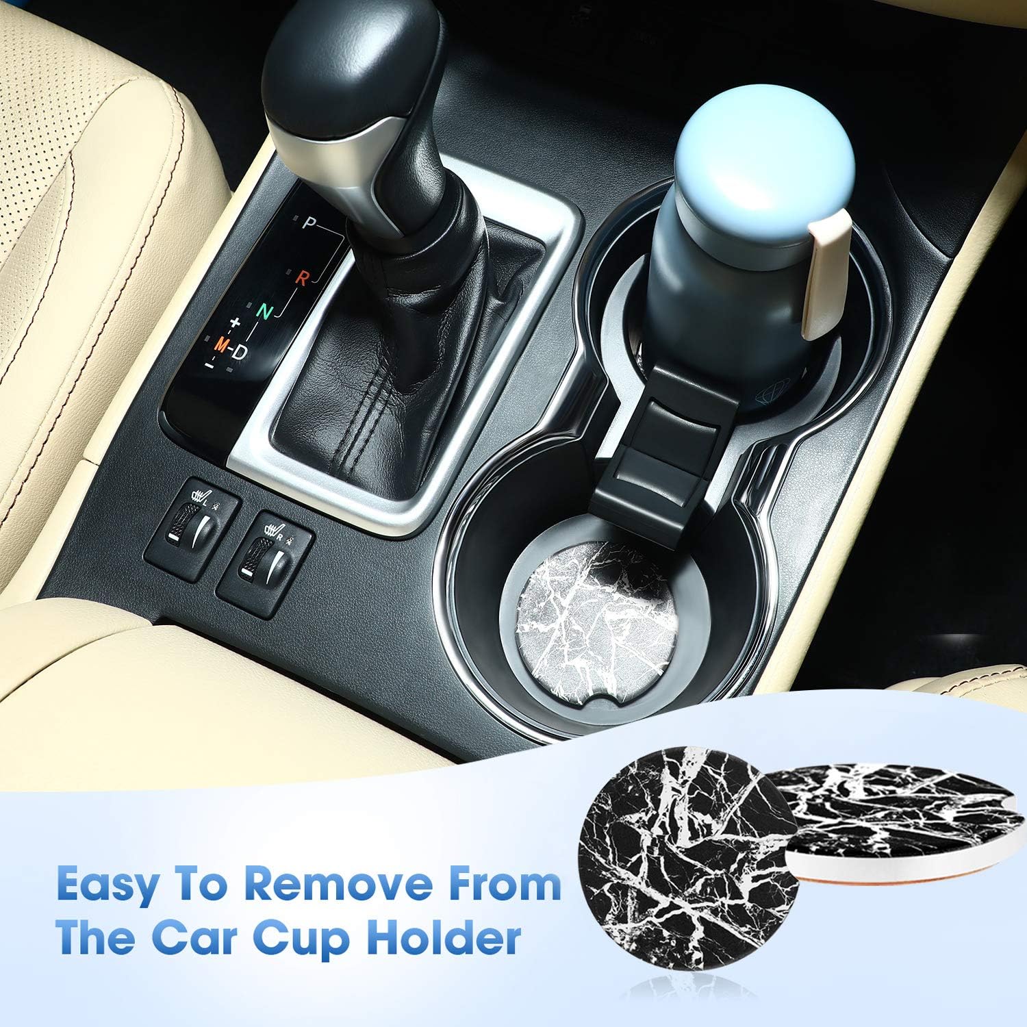 4 Pieces Car Cup Holder Absorbent Stone Car Cup Holder Round Car Cup Holder Black White Marble Style Absorb Condensation for Drinks and Keep Car Clean, 2.6 Inch in Diameter